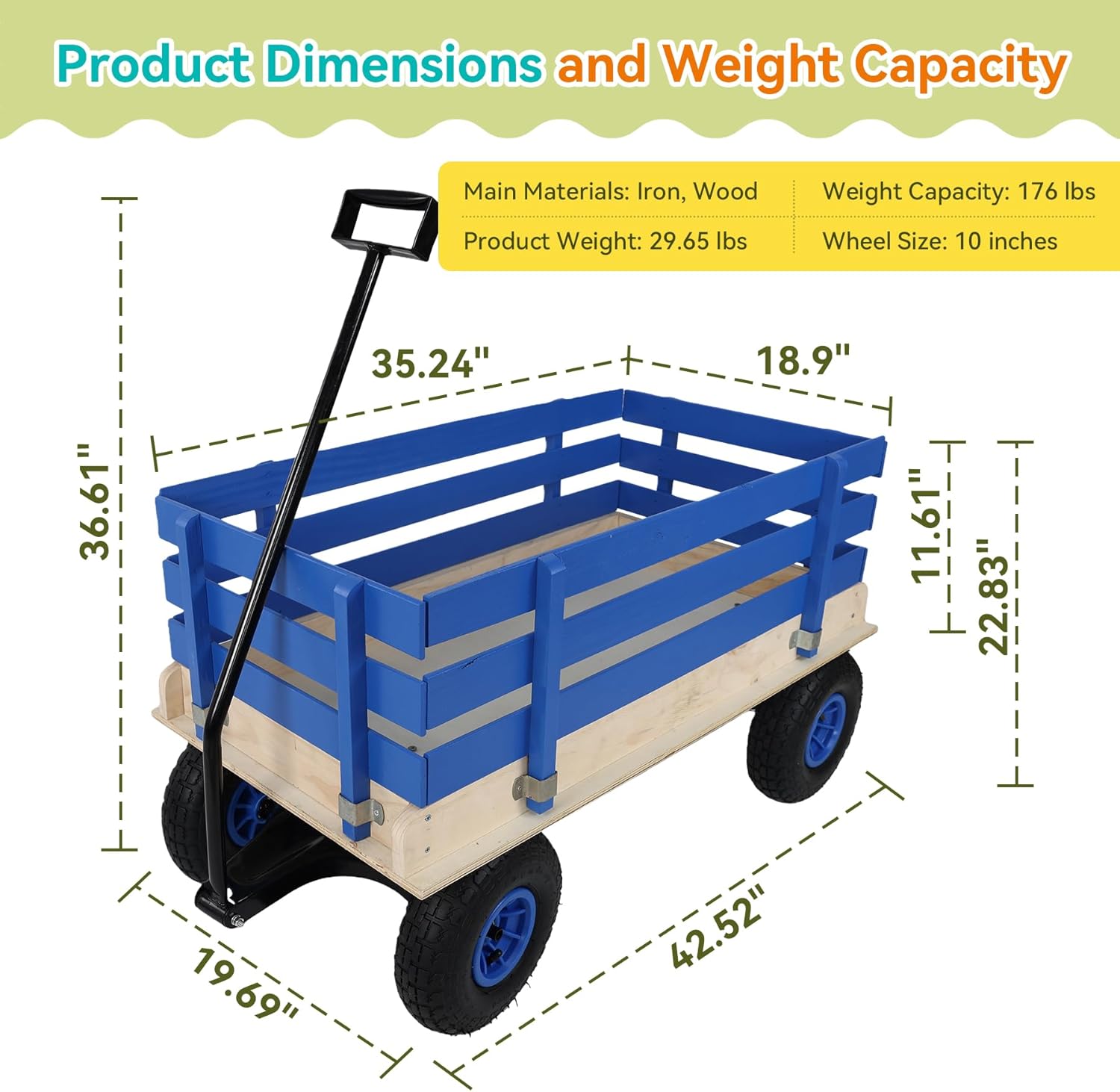 Garden Cart with Removable Side Panels, 176 lbs Capacity - Heavy-Duty Steel Yard Cart with Pneumatic Tires, Ideal for Gardening, Beach Use, and More (Blue-Black Handle)