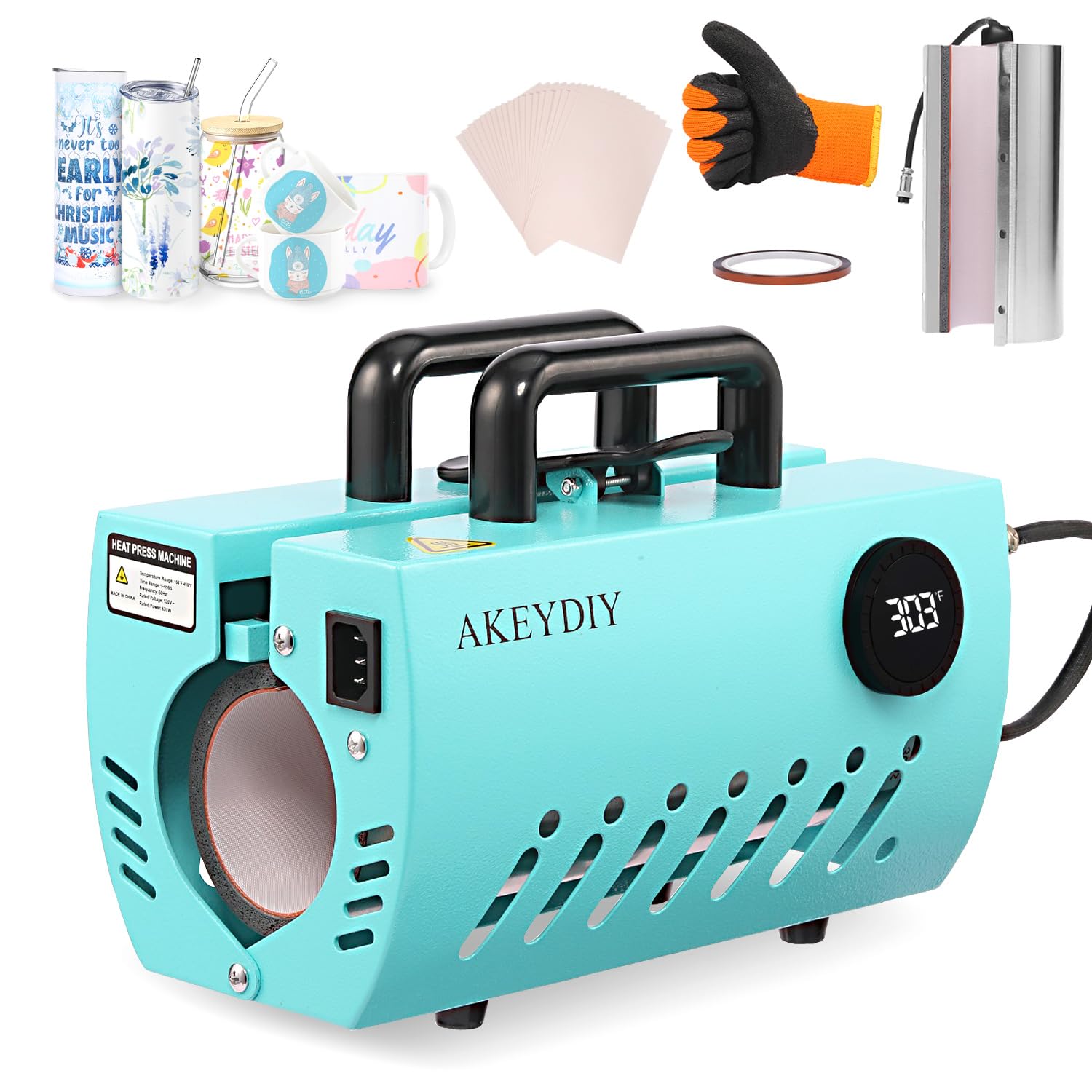 AKEYDIY Tumbler Heat Press 10-30 OZ, Cup Mug Press Machine, Sublimation Heat Transfer Straight Skinny Tumbler 30 OZ 20 OZ 16 OZ 15 OZ 11 OZ, DIY Tumbler Press with Heat Tape, Turquoise