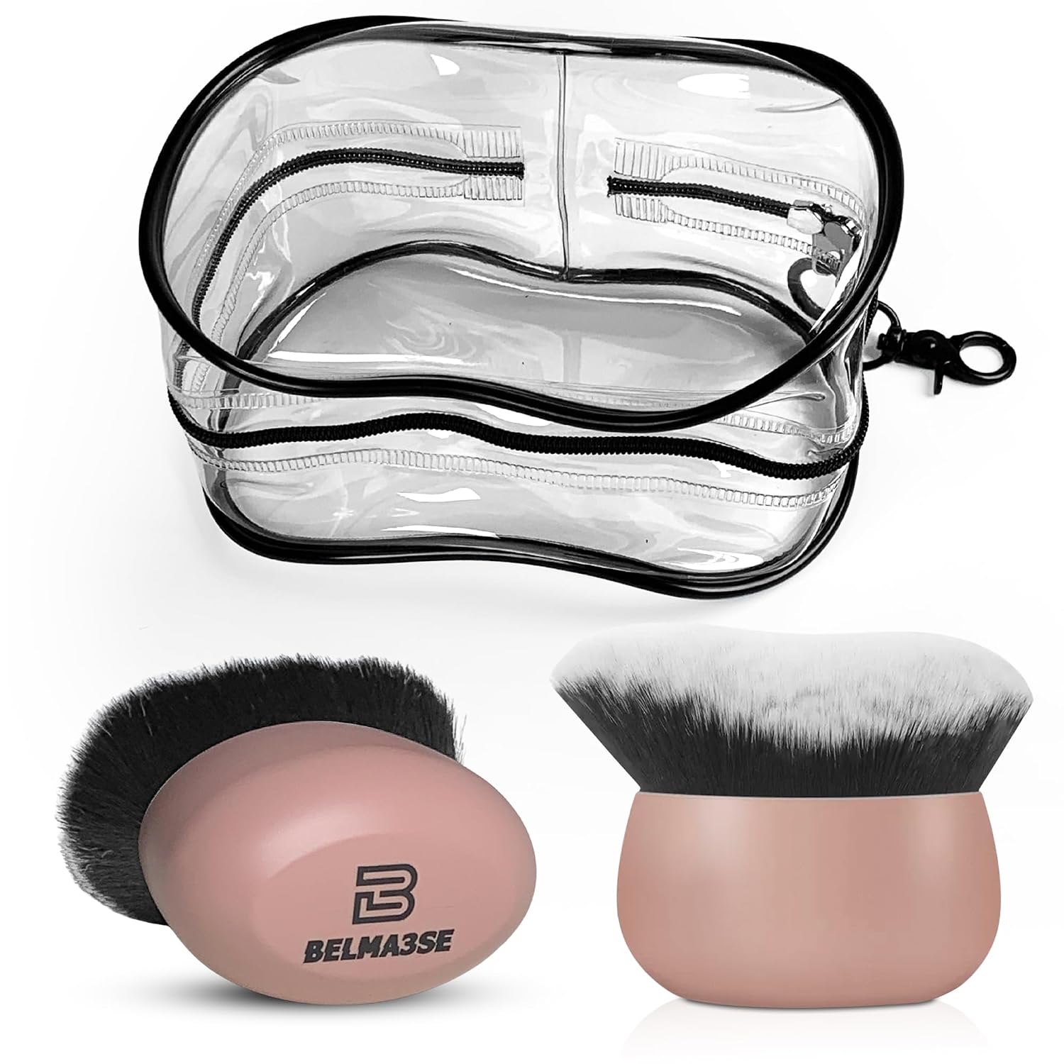 2 Whole Body Makeup Brushes Kabuki Brushes with 1 Clear Travel Pouch – Ultra-Soft Full Coverage Makeup Brushes for Face & Body – Self Tanner Brush, Reusable Case – Nude Handle Design
