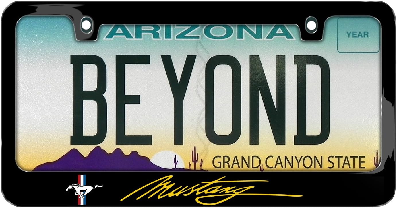 iPick Image for Ford Mustang Script in Yellow UV-LED Printed American-Made Black Metal License Plate Frame