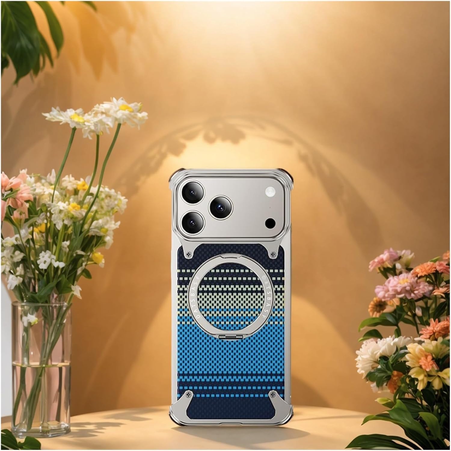 Metal Case for iPhone 17 ProMax/17Pro/17Air, Frameless Aluminum Alloy Bumper with Carbon Fiber Texture Design, Drop Protection, Slim Minimalist Cover with Magnetic Kickstand(Orange,17 Pro Max)