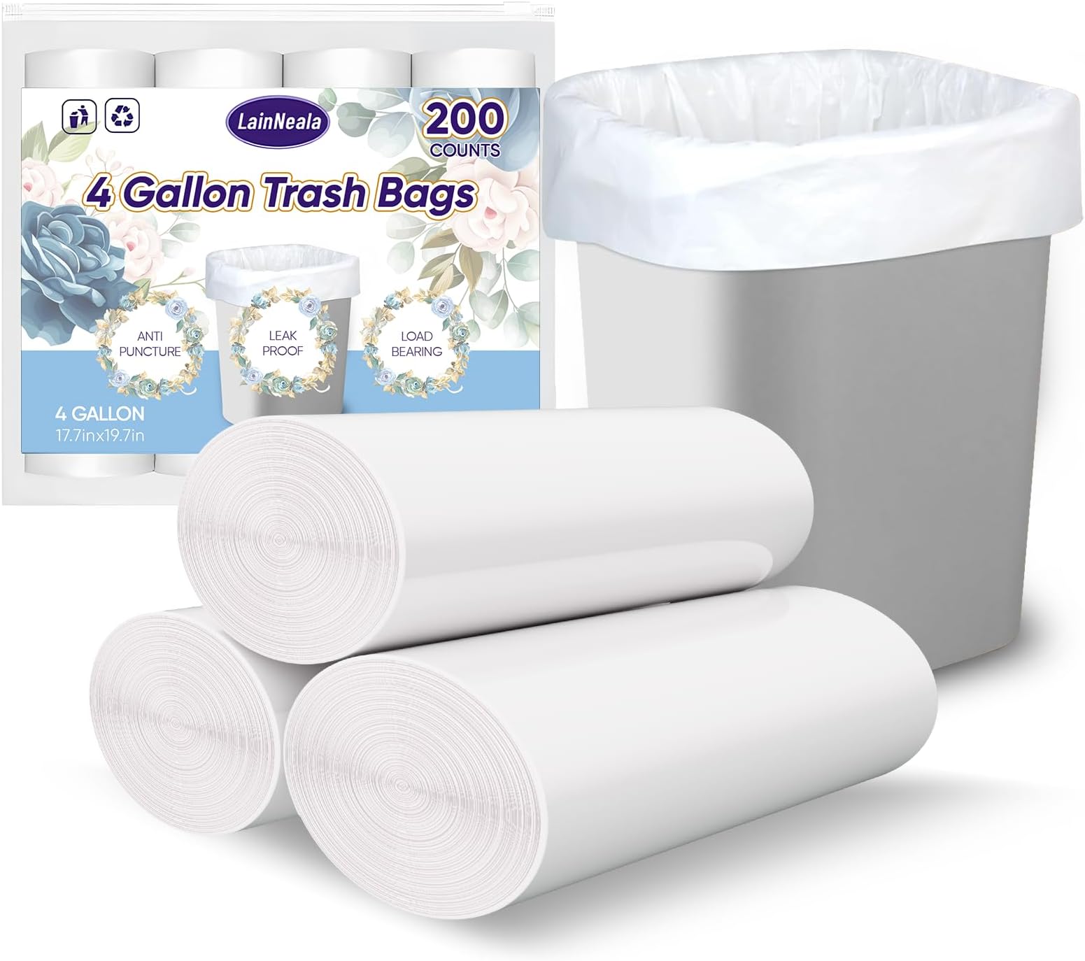 LainNeala Small Trash Bags 4 Gallon, 200 Count Small Garbage Bag Bathroom White Mini Trash Bag Trash Can Liners Unscented Garbage Bags for Bathroom Can