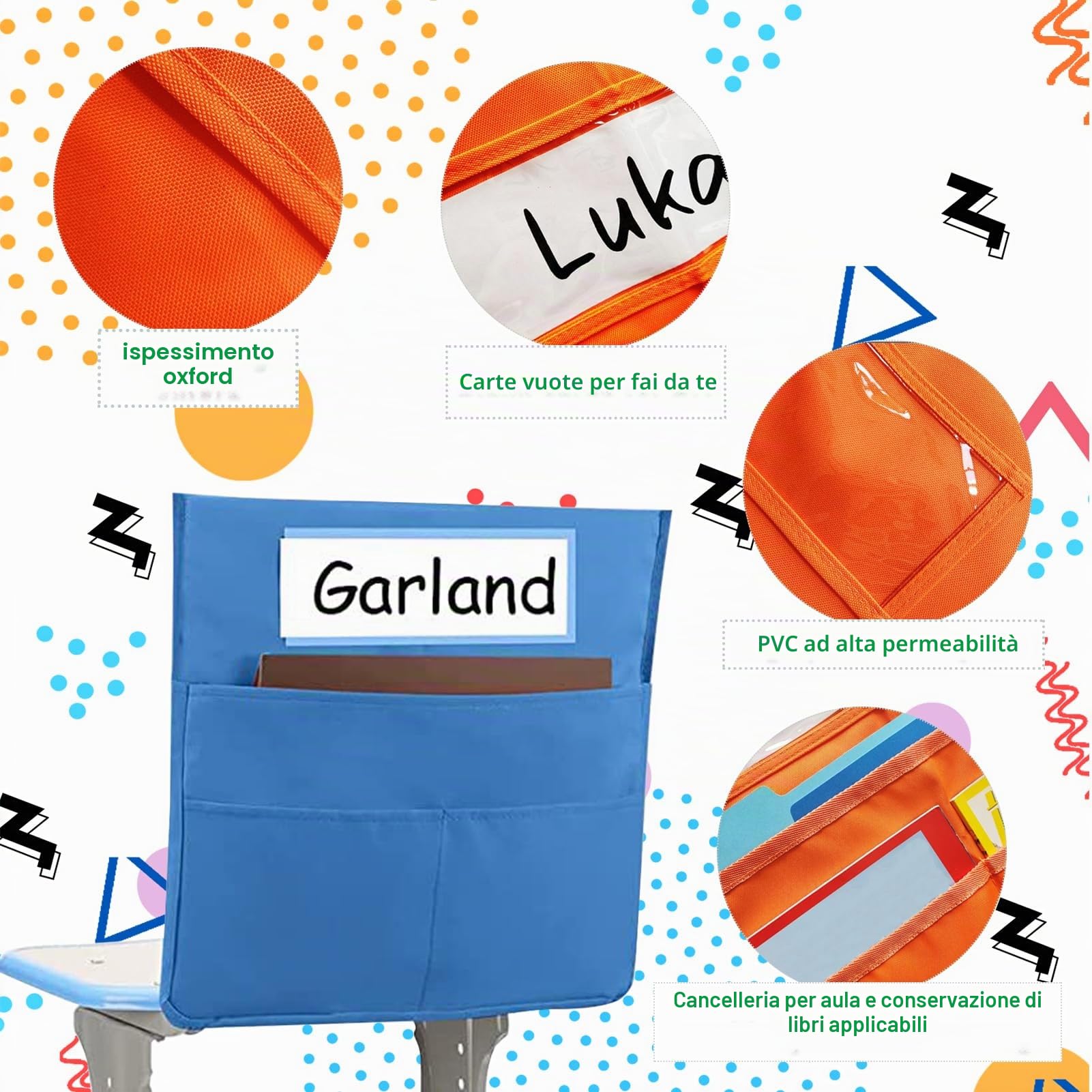 Sedia Buddy Tasca Portaoggetti, 12 Pezzi Schienale per Sedia Organizer Grafico, Tabella delle Tasche dello Schienale con 3 Tasche e Scomparto per Nome, Organizer per Sedile Posteriore