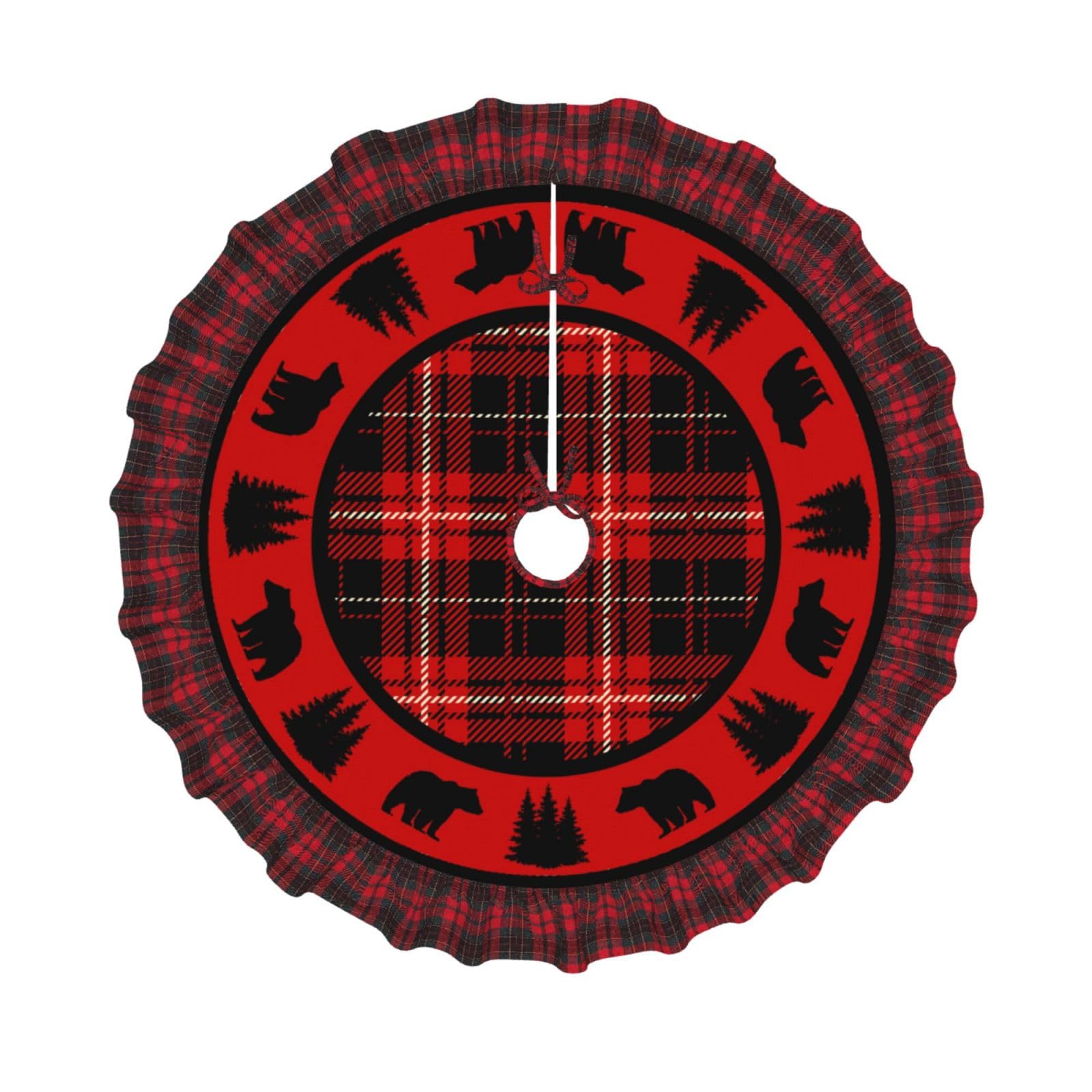Black Bear Red and Black Cabin Plaid 30 Inch Christmas Tree Skirt Red and Black Buffalo Plaid Edge Decoration for Merry Farmhouse Winter Holiday Party Home Ornaments Indoor Outdoor