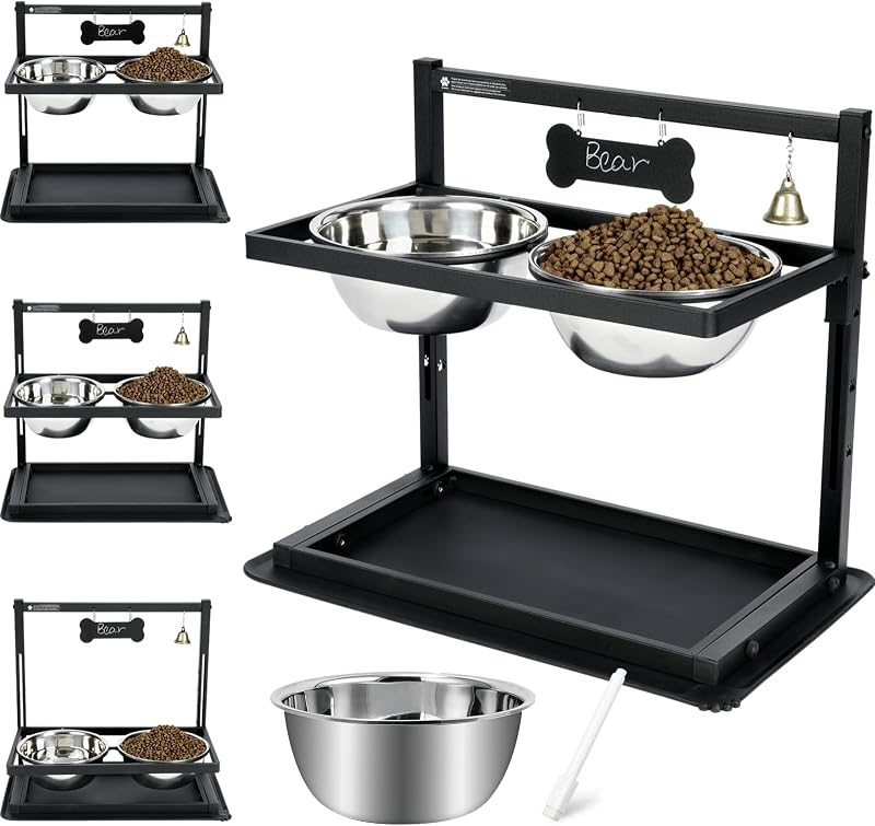 Comedouro elevado para cães SHAINFUN com altura ajustável, 2 tigelas de aço inoxidável de 1,7 L e tapete antiderramamento