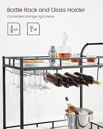 Miniatura 5 de VASAGLE Carrito de bar negro, carrito de servicio de bar en casa, carrito de vino con 2 estantes espejados, soportes para vino, soportes de vidrio,