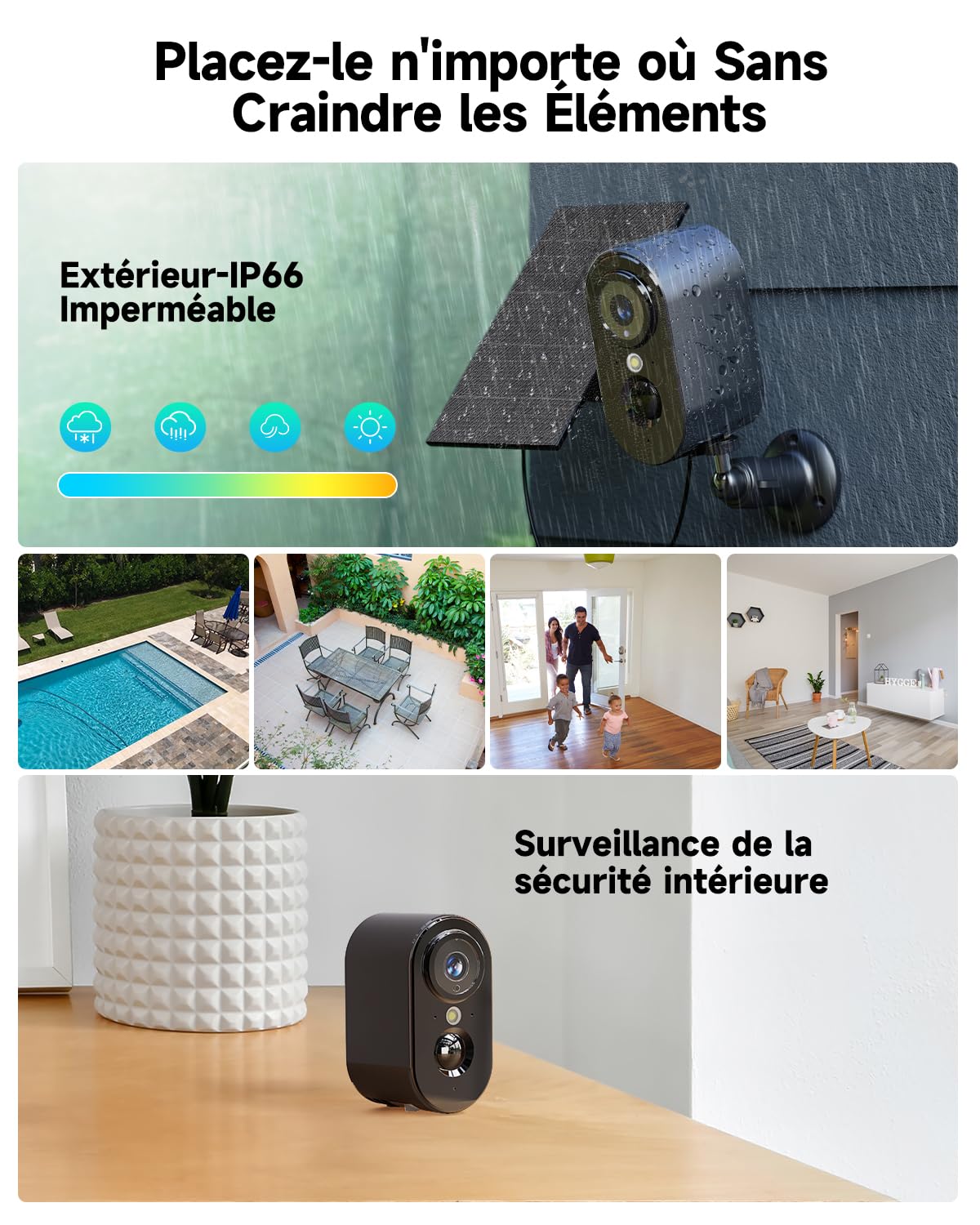 2K Caméra Surveillance WiFi Exterieure sans Fil Batterie - Camera Surveillance WiFi avec Panneau Solaire, Vision Nocturne Couleur, Extérieure/Intérieure, PIR Détection Mouvement, IP66, Noir