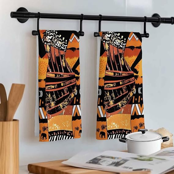 Boho African Black Women Kitchen Towels, Absorbent Microfiber Kitchen Dish Hand Tea Bath Towel, Quick Dry Cleaning Cloth Dishclothes Decorative Sets, Rustic Colorful Bohemian Tribal (1-PC, 18x28)