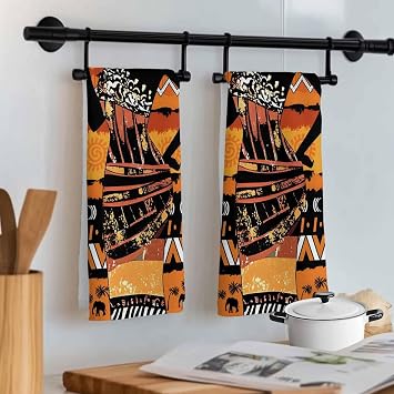 Boho African Black Women Kitchen Towels, Absorbent Microfiber Kitchen Dish Hand Tea Bath Towel, Quick Dry Cleaning Cloth Dishclothes Decorative Sets, Rustic Colorful Bohemian Tribal (1-PC, 18x28)