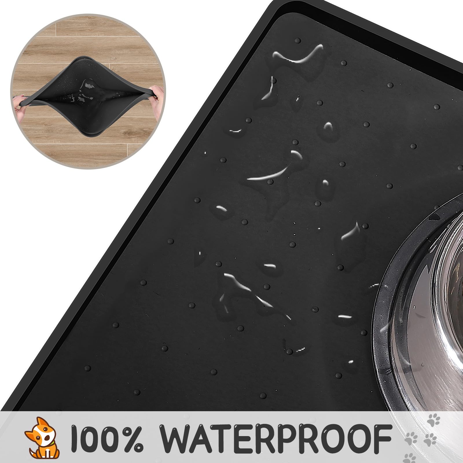 MateeyLife Silicone Cat & Dog Food Mat for Floors Waterproof, Anti-Slip Dog Bowl Mats for Food and Water, Pet Feeding Tray with Lip to Prevent Spills, Pet Placemat for Messy Drinkers to Protect Floor 18''×12'' Black - 3