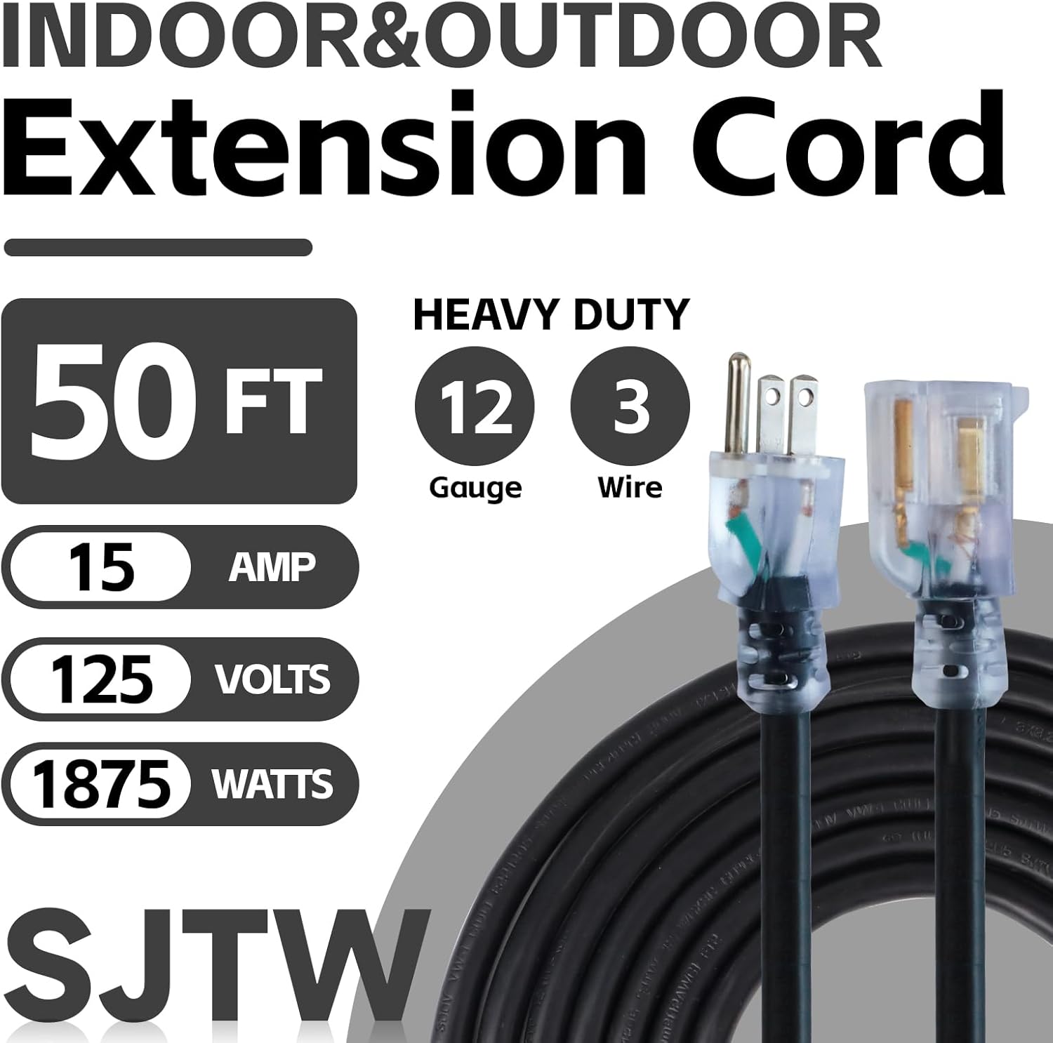 Outdoor Extension Cord Waterproof 50 FT, 12 Gauge Heavy Duty Black Extension Cord SJTW, Flexible Cold-Resistant 3 Prong Grounded Power Cord for Lawn, Garden, Appliance, UL Listed