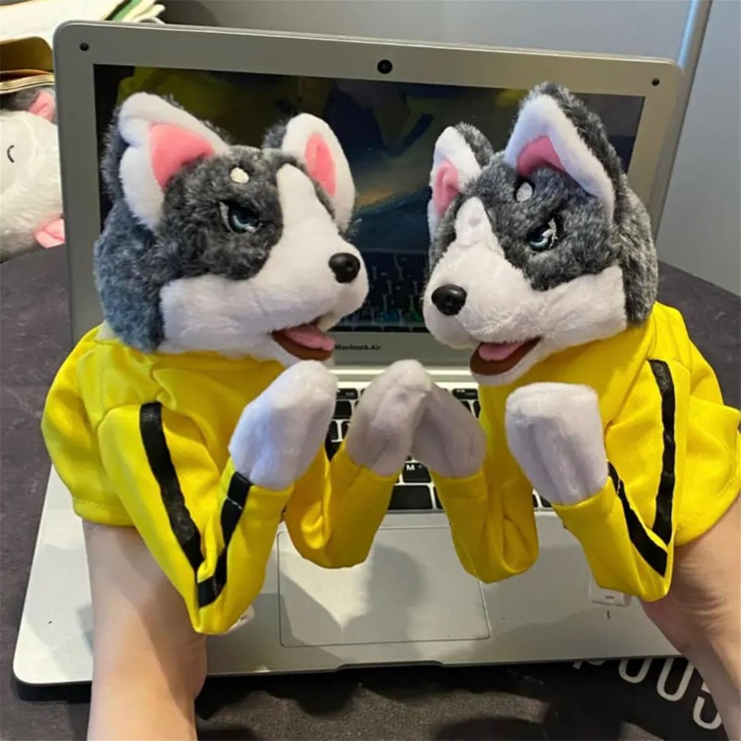 Punching Puppets Animal Boxing Toys, Interactive Kung Fu Husky and Shark Hand Puppets with Sound for Small Dogs, Cats, Pet Play, Training, Parties, and Funny Family Games，Yellow image 5