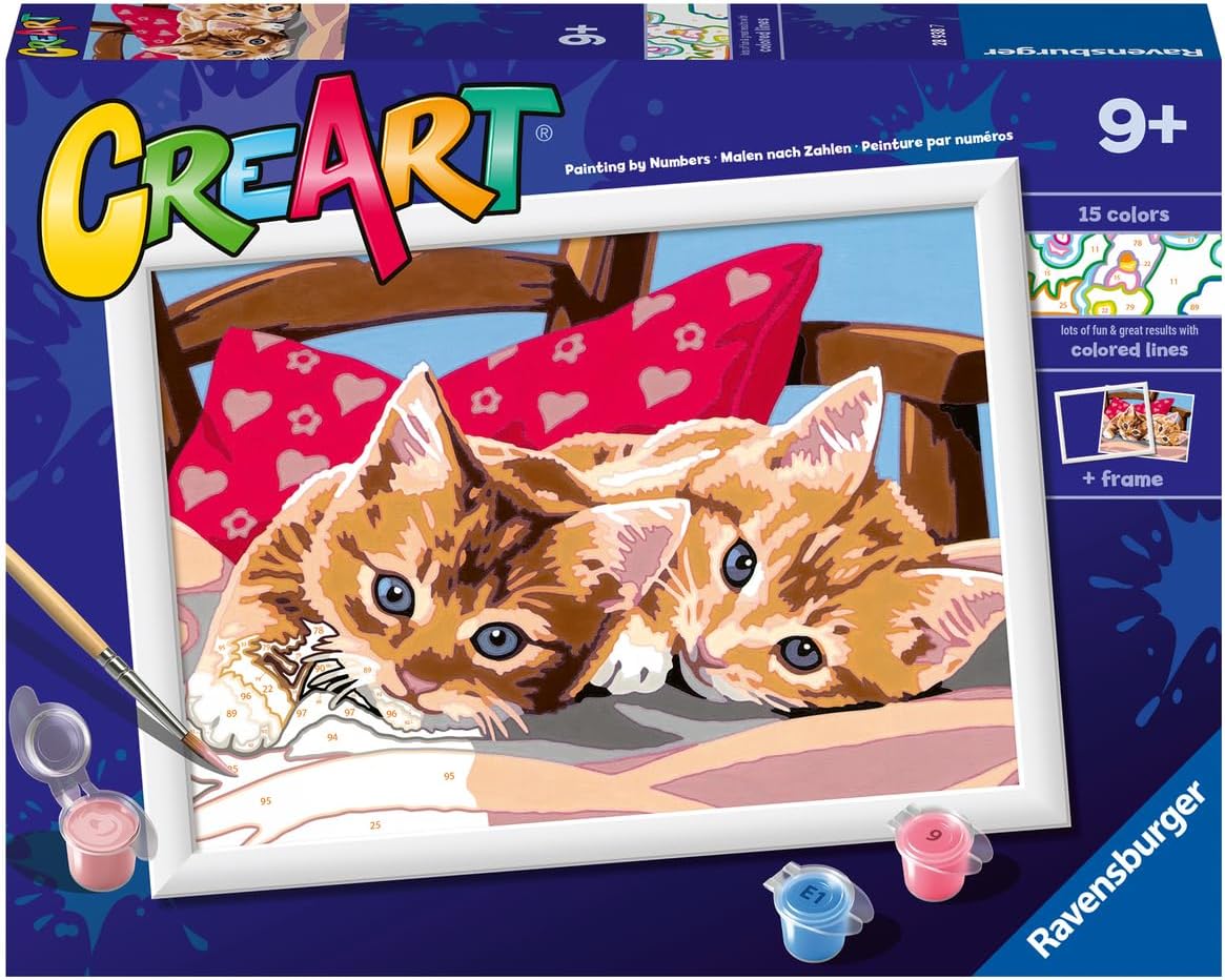 CreArt Two Cuddly Cats Paint by Numbers Kit for Kids - Painting Arts and Crafts for Ages 9 and Up