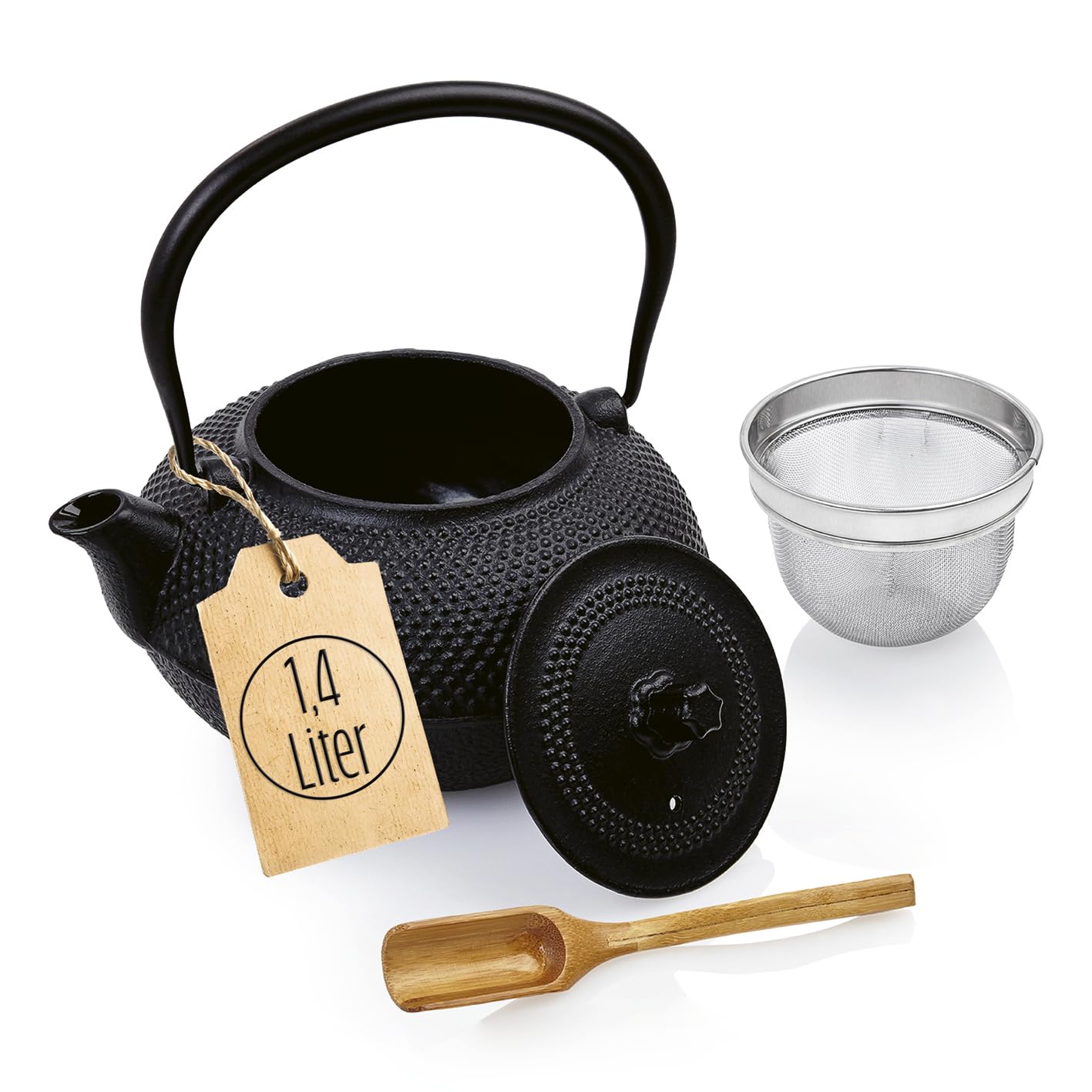 Lumaland Tee Kanne im Asia Hobnail Design | 1 x gusseiserne Teekanne (1,4 Liter) 1x Bambus Dosierlöffel 1 x Edelstahlsieb