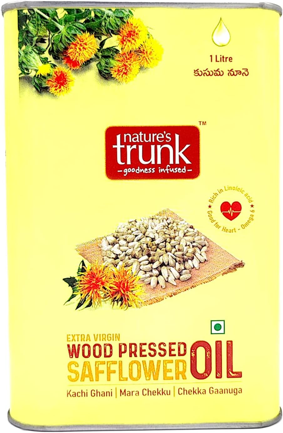 Nature's TrunkWoodpressed Safflower Oil - Pure Kachi Ghani Kardai Oil | Rich in Antioxidants - 1 Litre | Natural & Healthy