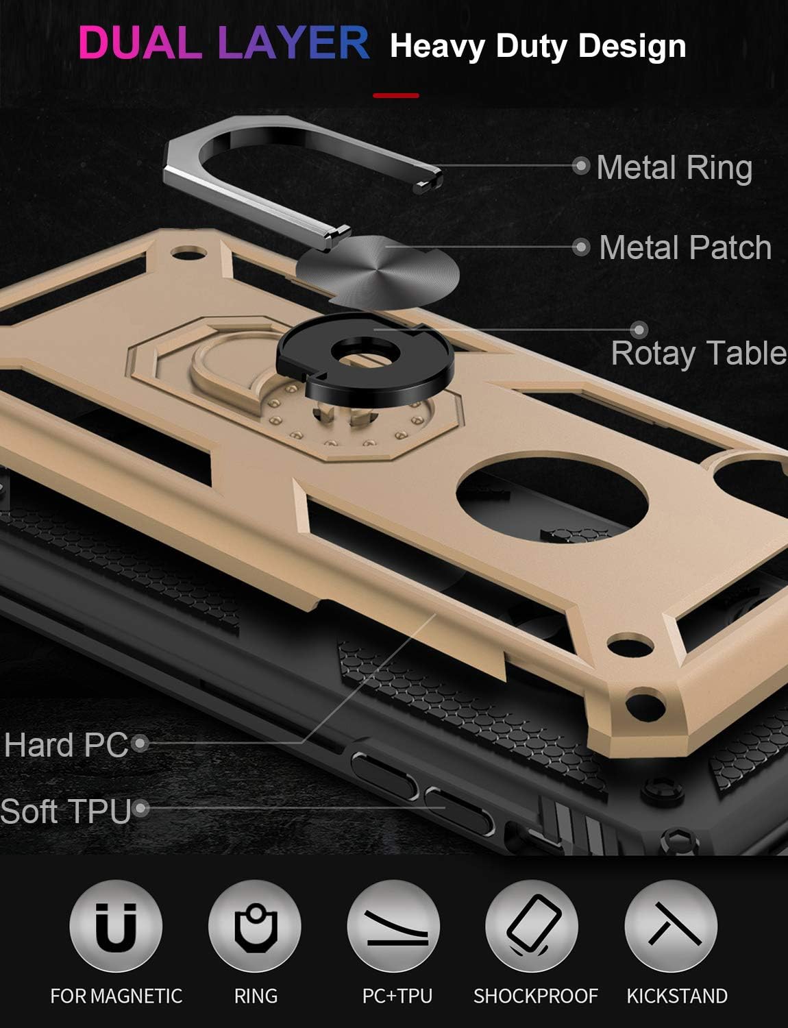 LUMARKE iPhone Xs Max Case with Tempered Glass Screen Protector,iPhone Xs Max Cover Military Grade 16ft. Drop Tested Cover with Magnetic Ring Kickstand Protective Phone Case for iPhone Xs Max Gold