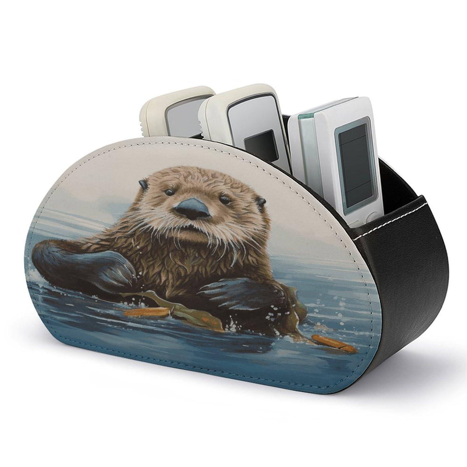 FekiLoot Sea Otter Remote Control Holder, PU Leather Remote Control Organizer Box Stationery Remote Control Box Desk Storage Organizer for DVDs,Glasses,Pens,Media Players