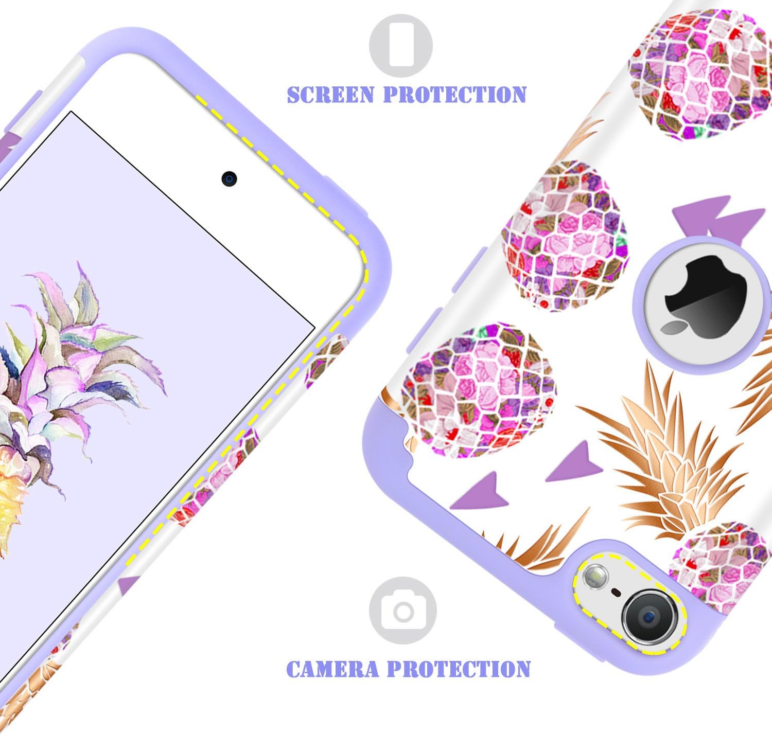 BENTOBEN iPod Touch 5 Case,iPod Touch 6 Case, Hybrid Solid PC Back Cover Soft Silicone Bumper Pineapple Pattern Shockproof Heavy Duty Protective Case for iPod Touch 5th/6th Generation,White/Purple