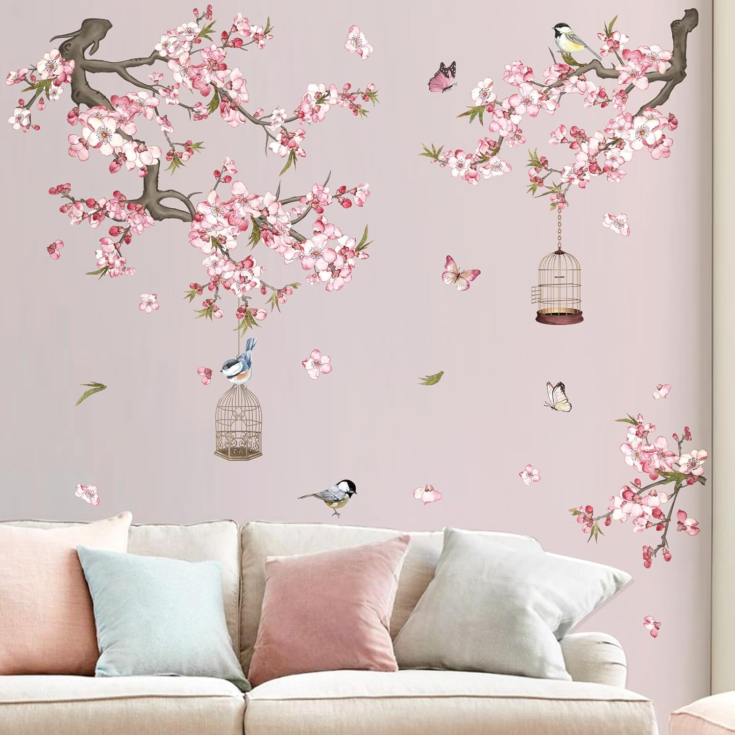 wondever Cherry Blossom Wall Stickers Pink Flowers Tree Branch Peel and Stick Wall Art Decals for Baby Nursery Bedroom