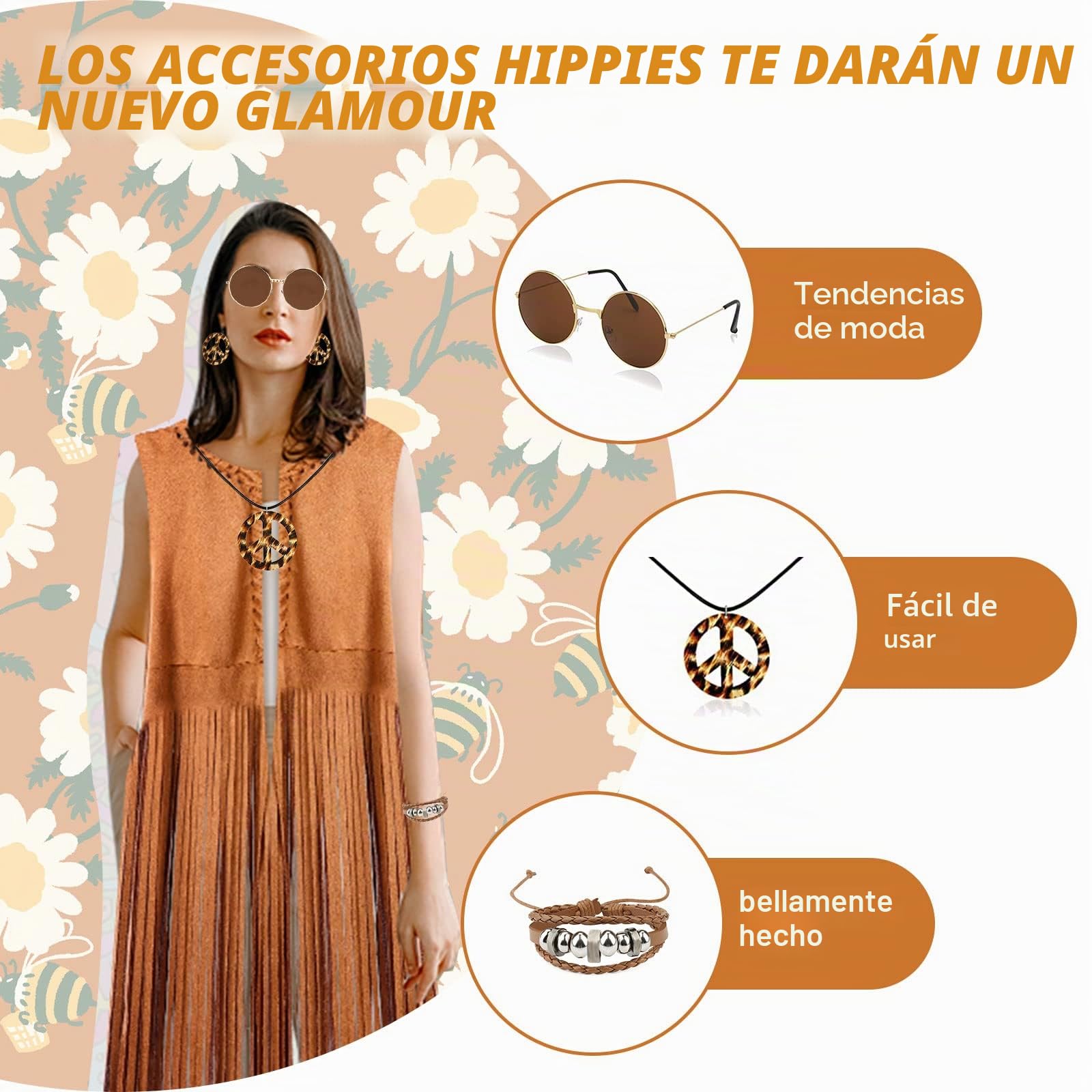 Accesorios de disfraz hippie para mujer, conjunto de hippie de disfraz de los años 70, chaleco con bombillas, banda, brazalete, pendientes, collar, gafas de sol, disfraz disco de carnaval