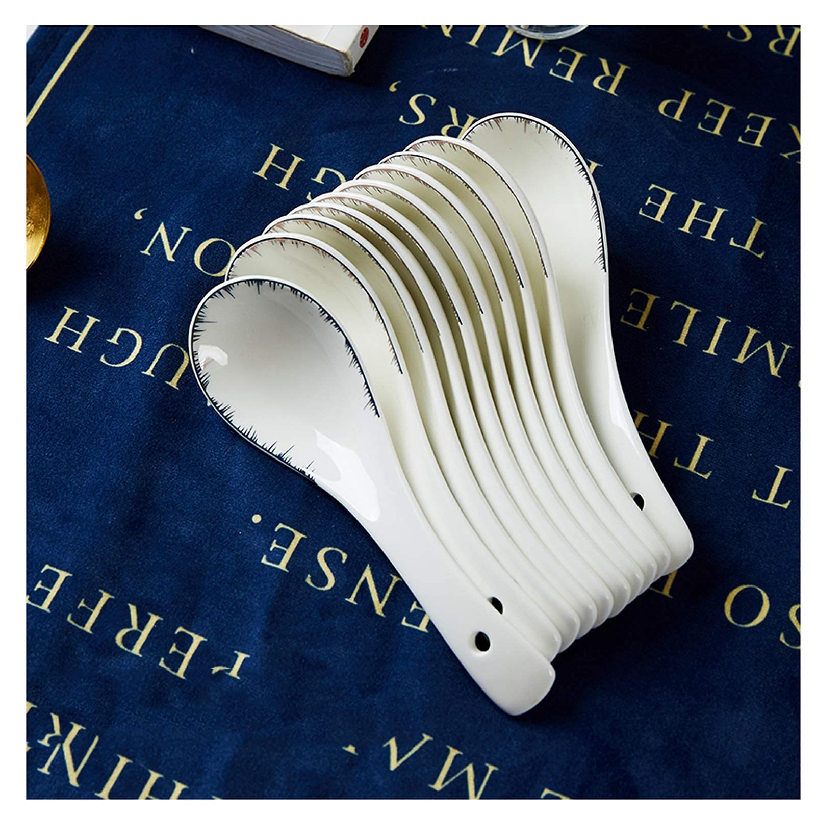Zestaw łyżek obiadowych, 10 sztuk, małe ceramiczne łyżki do zupy, prosta łyżka z porcelany kostnej, miska i spodek, zestaw naczyń Jingdezhen, łyżka obiadowa/garnek do zupy (kolor: D) (A)