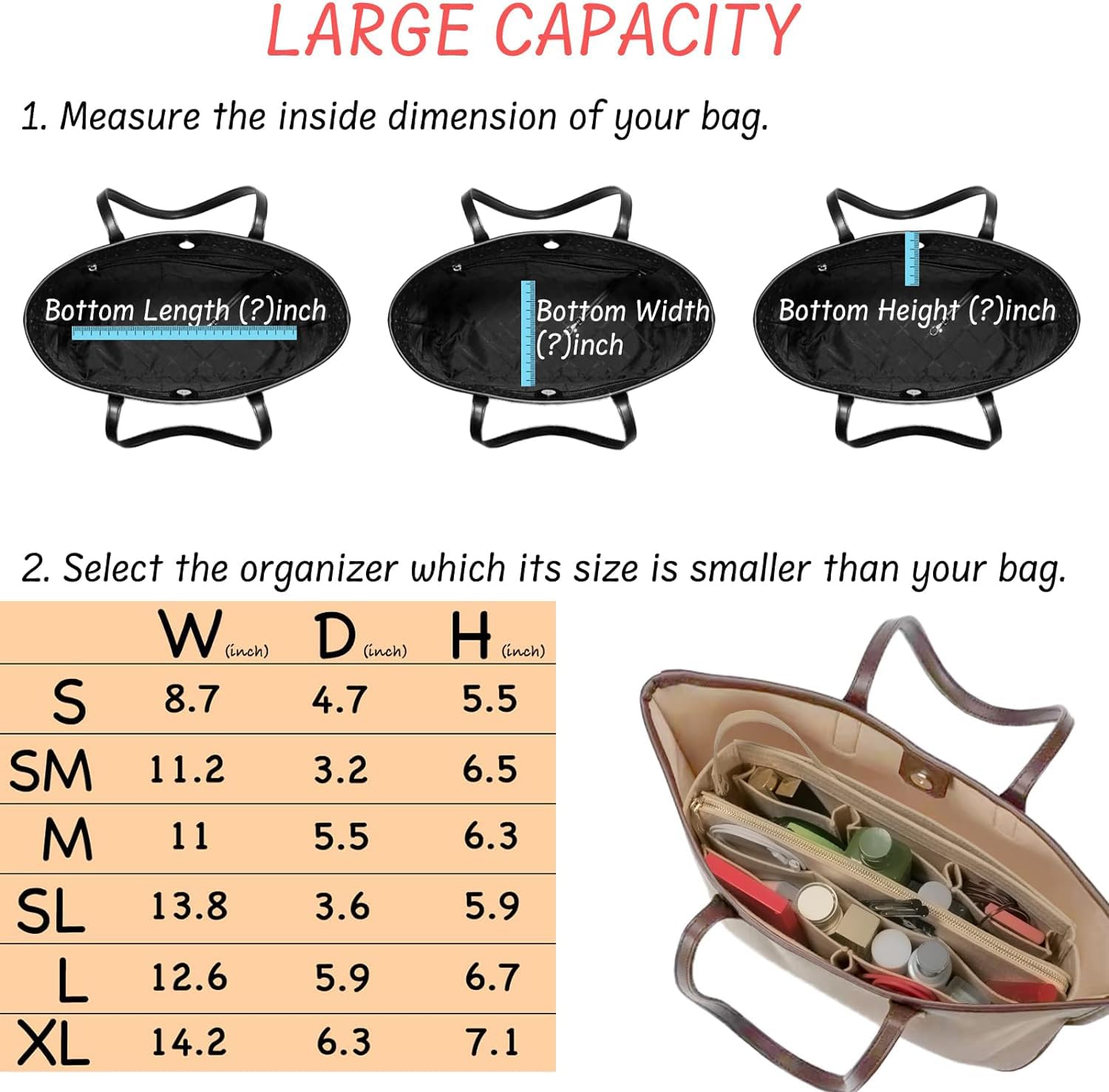 DailyPlus Organizer, wkład do torebki, torby typu tote, z zamkiem błyskawicznym, z breloczkiem, filcowy, rozmiar Slender M, beżowy