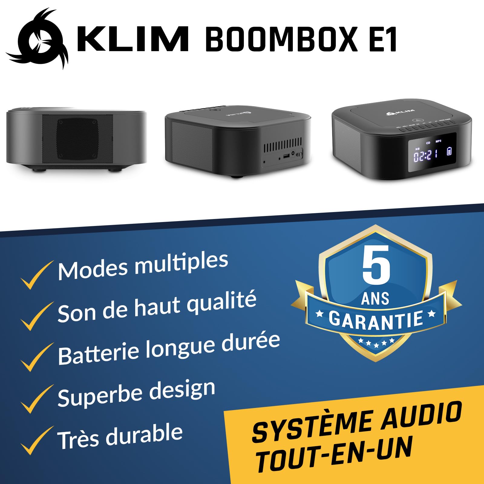 KLIM Boombox E1 - Poste Radio CD Portable - Extra Bass avec Subwoofer - Radio FM, CD, Bluetooth, USB, Bluetooth, MP3 - Mode Filaire et sans Fil avec Piles Rechargeables - Télécommande - Noir/Argent