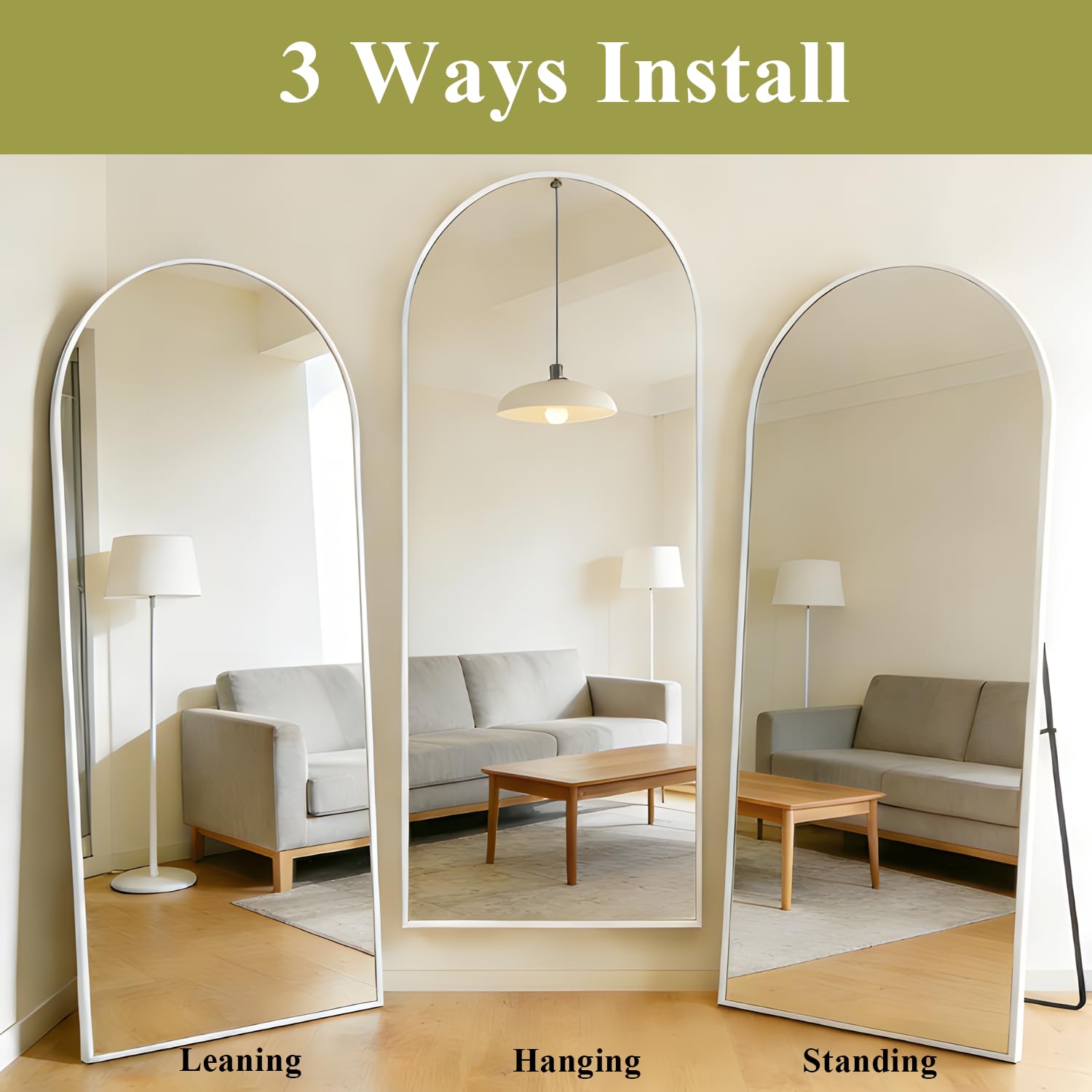 Espejo de piso arqueado de 162 x 53 cm, espejo de pared completo con marco de aluminio, espejos de tocador arqueados colgados o inclinados para el dormitorio de la sala de estar, blanco