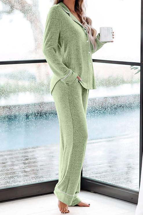 Aamikast Pajama Set for Women Button Down Soft Long Sleeve Pjs Sleepwear Sets (Light Green,XL)