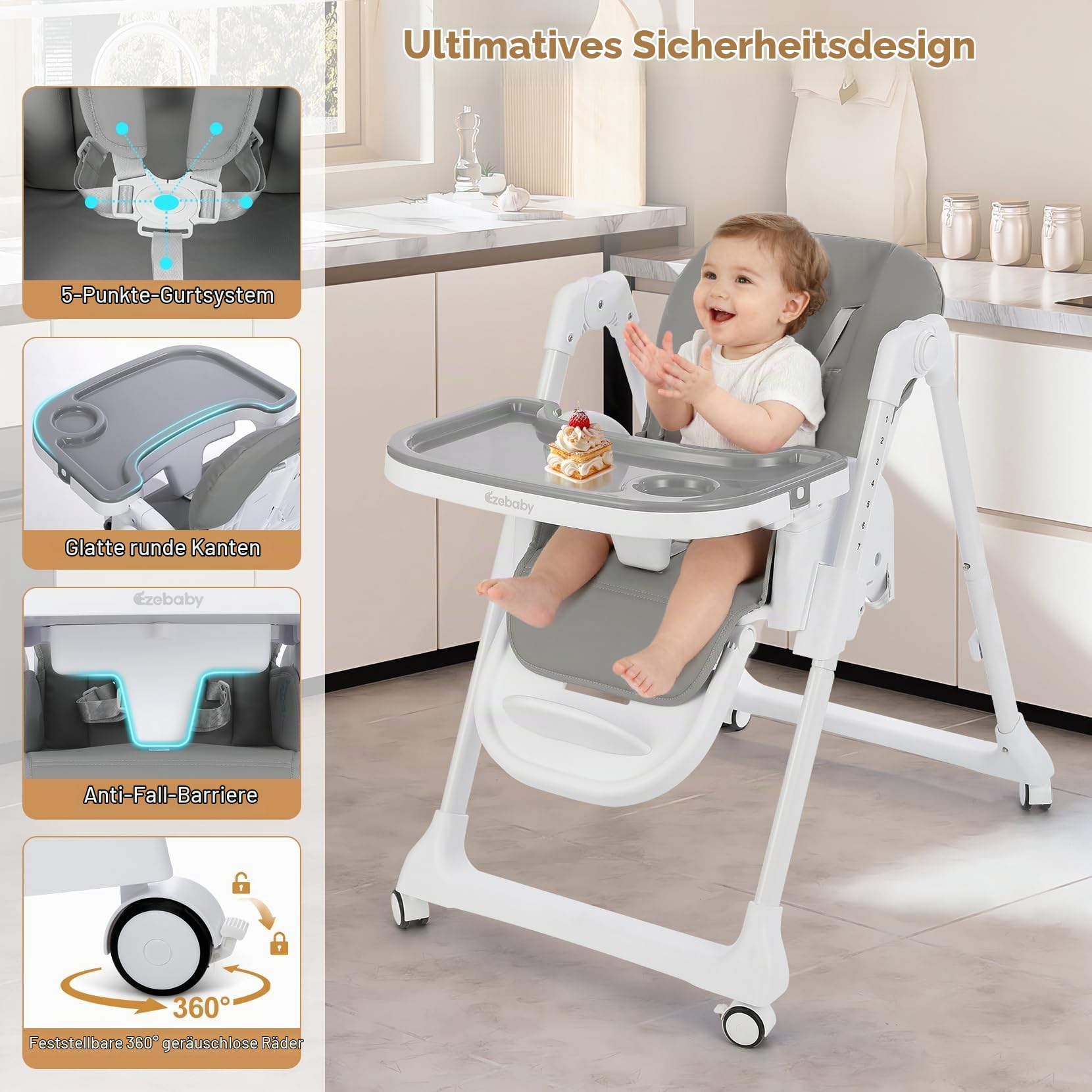 4-in-1 Baby Hochstuhl, höhenverstellbar, faltbar mit Spielbogen & Booster | 7-fach höhenverstellbar, Sitzerhöhung Booster-Funktion, PU-Sitz, Doppeltablett, Rollen mit Bremse, Kinderstuhl