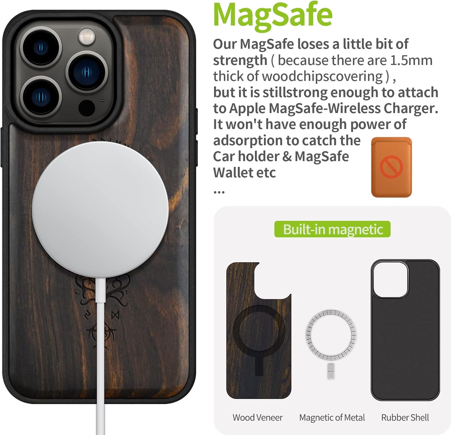 Carveit Magnetic Wood Case for iPhone 14 Pro - Natural Wood & Black Soft TPU - Shockproof Protective Cover - Unique & Classy Wooden Case - Compatible with MagSafe (Viking - Blackwood)