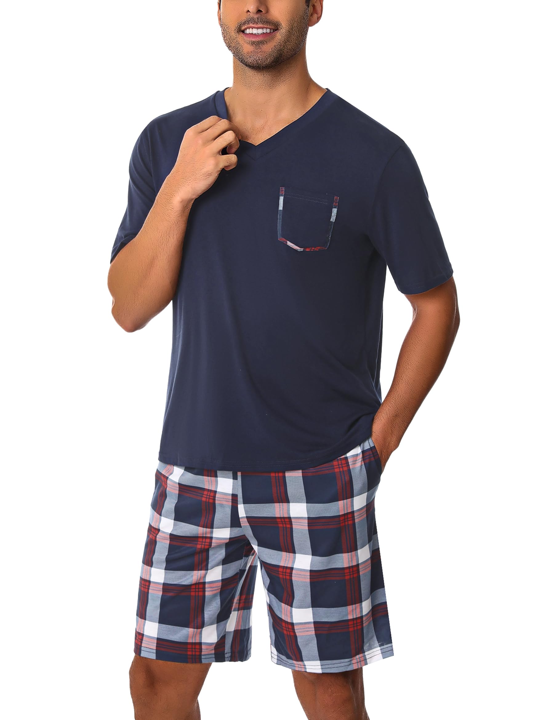 Uniexcosm Pigiama Estivo Uomo Estivi Cotone Corti Scollo a V Pigiama da Uomo Pigiami Due Pezzi da Uomo Pigiama Corto Uomo Cotone con Tasche