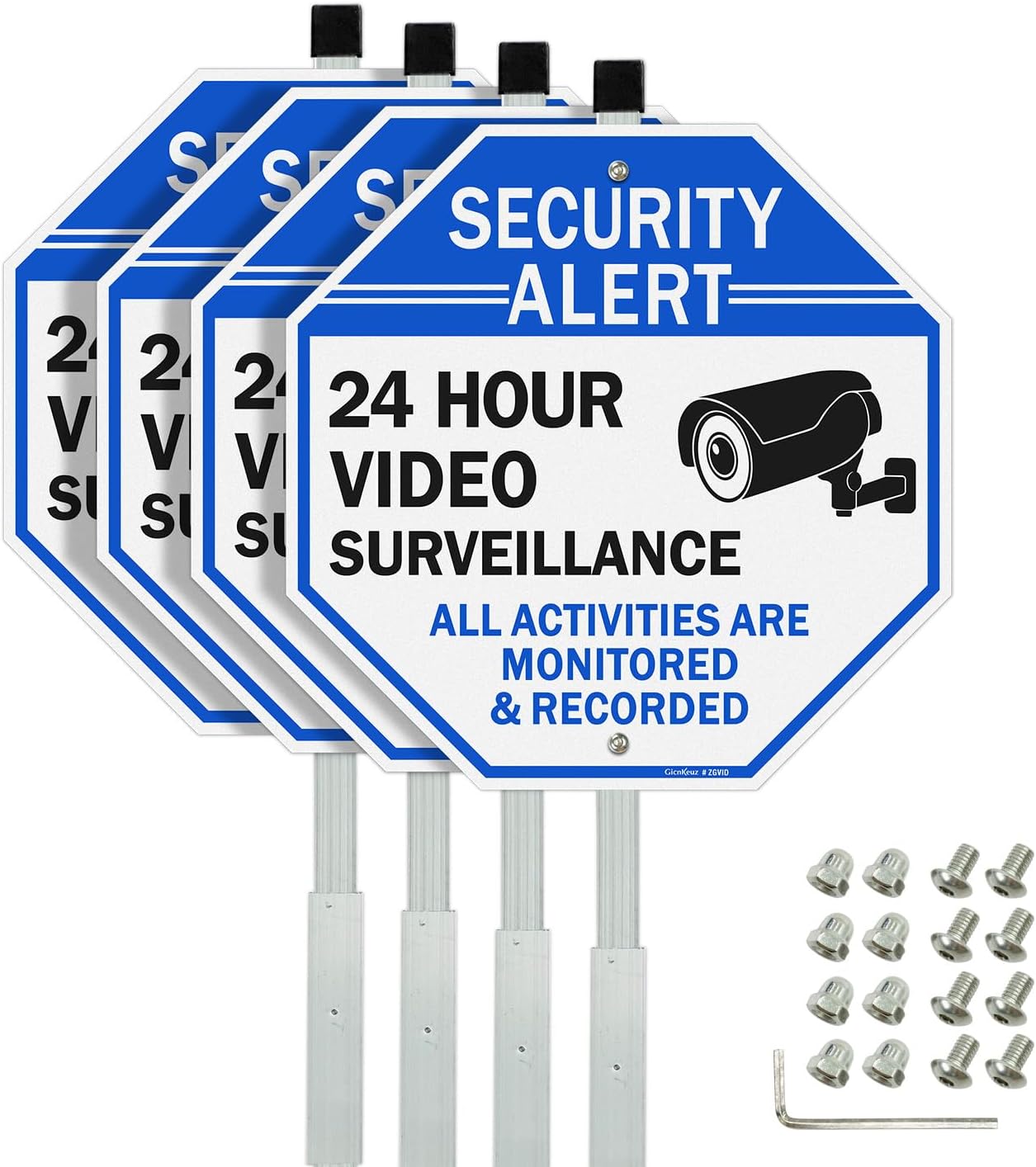 GicnKeuz Video Surveillance Sign with 28" Stake for Outside, 10"x10" Security Sign - Rust Free Heavy Reflective Aluminum, Fade Resistant/Waterproof, Including Screws, Easy to Install, Outdoor Use (4 PACK)