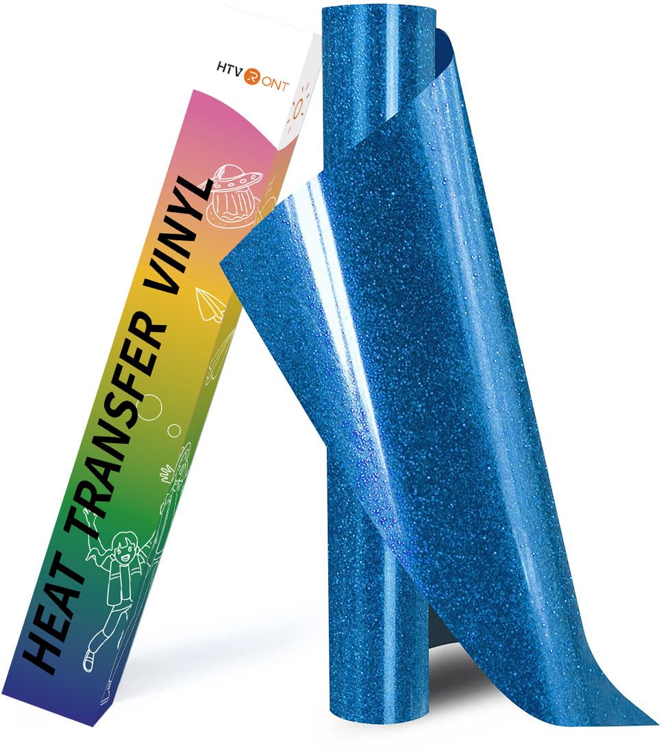 HTVRONT Glitter HTV Vinyl - 10" x 8ft Blue Glitter Iron on Vinyl for Shirts