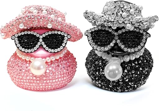 Diamond Rubber Ducks, Car Ducks for Dashboard, Car Ornaments Duck with Cowboy Hat & Sunglasses & Pearl Pendant Necklace, Dashboard Accessories for Dash/board Unique Ducking Decoration