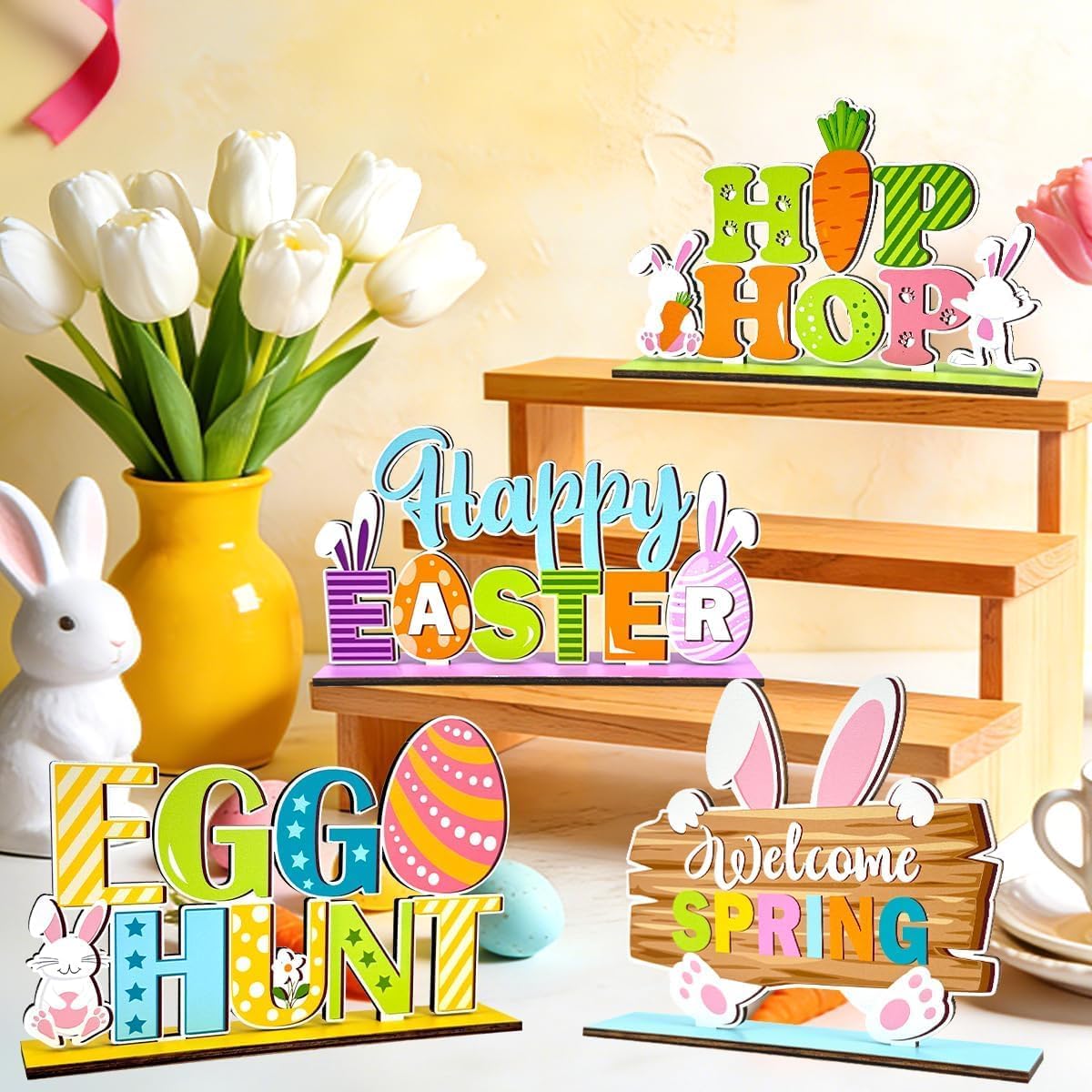 4Pcs Easter Decorations for Home Wooden Table Centerpiece Easter Table Decorations Eggs Bunny Style Tabletop Ornaments for Spring Easter Blessing Party Tiered Tray Decor Supplies