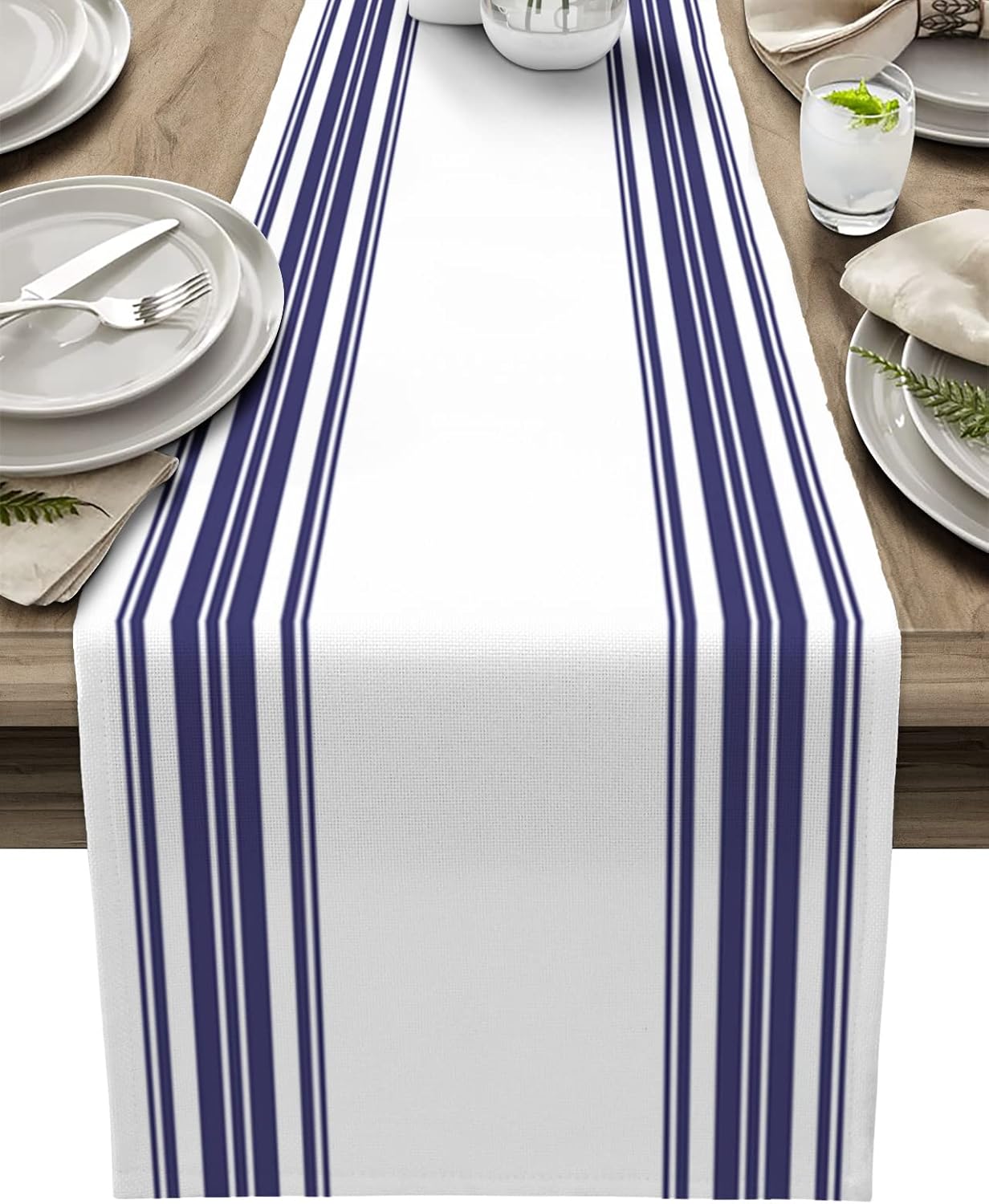 Table Runner, Colorful Stripes Navy Blue Wood Texture White Cotton Linen Table Runners for Dinner, Party, Wedding, Catering Events, Holiday, Farmhouse, Dresser Scarves Decor 13x120 inch
