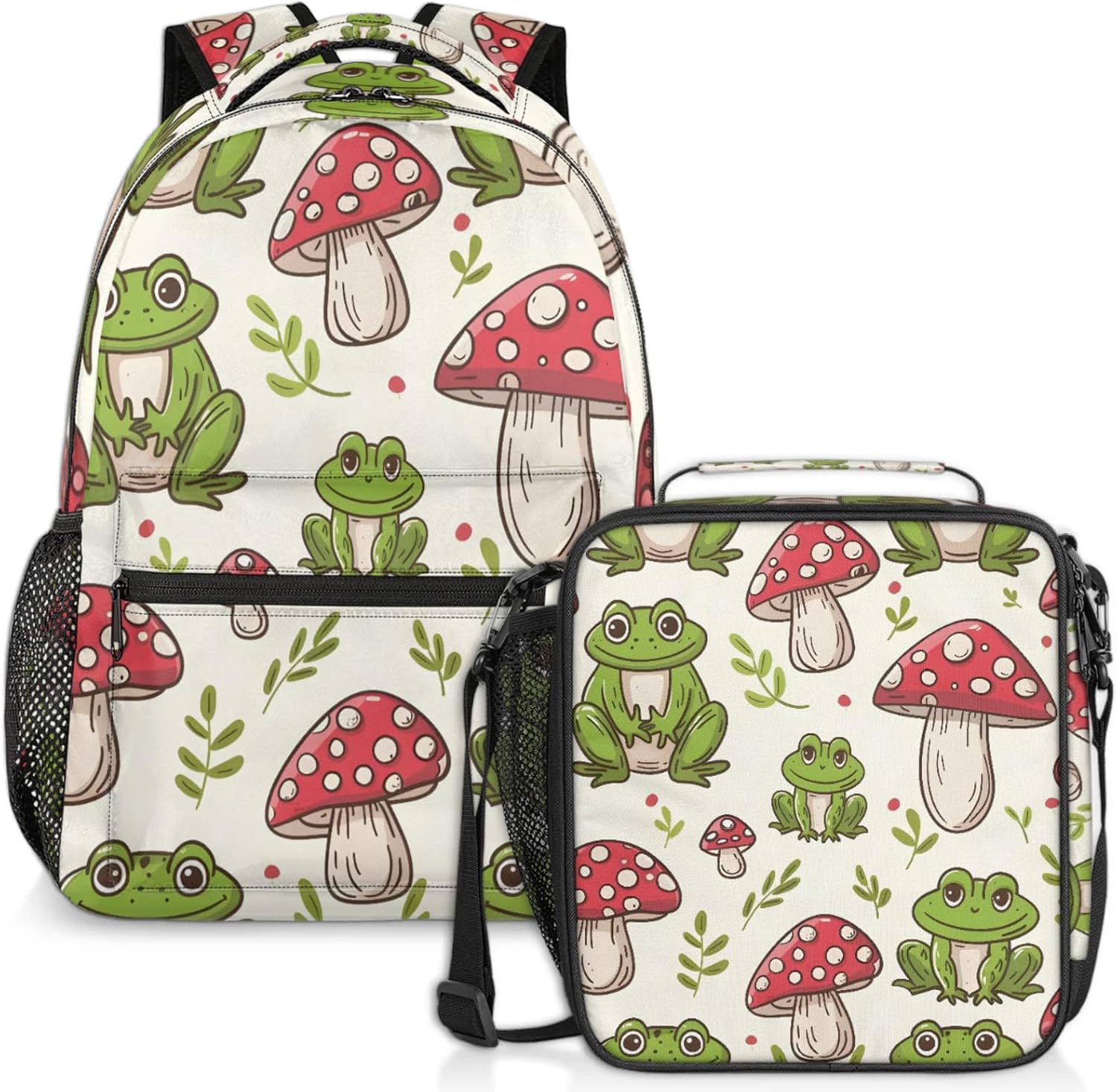 Green Frog Mushroom Backpack Set, Backpack with Lunch Box Gifts Set for Women Men, Multifunction 2Pcs Laptop Travel Picnic Camping Backpack with Lunch Bag