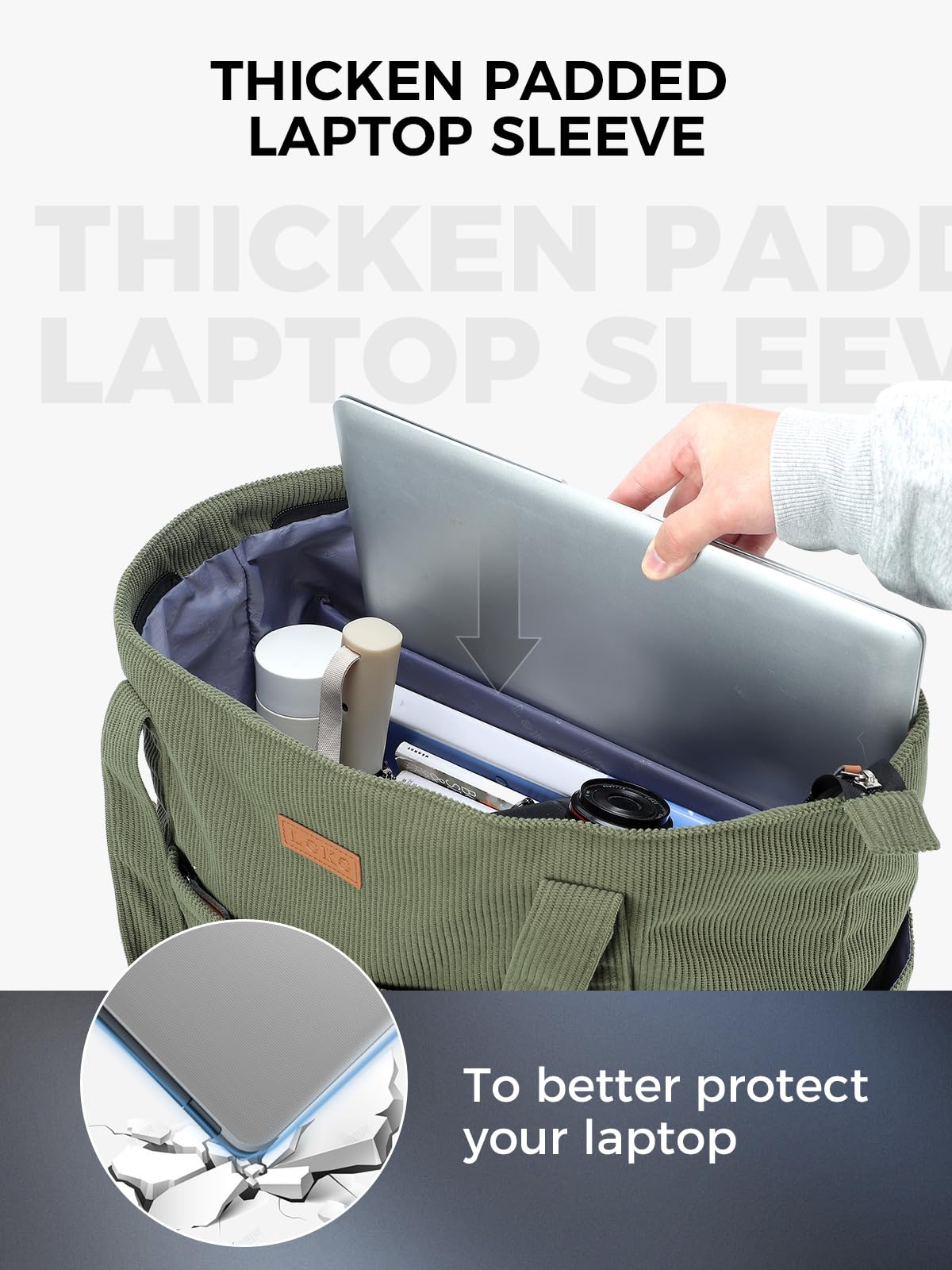 Cord Tasche Damen, Groß Tote Bag Strandtasche mit Reißverschluss, Shopper Tasche Damen Laptoptasche mit 17 Zoll Laptopfach, Elegant Handtasche Umhängetasche für Arbeit Schule Gym-Grün