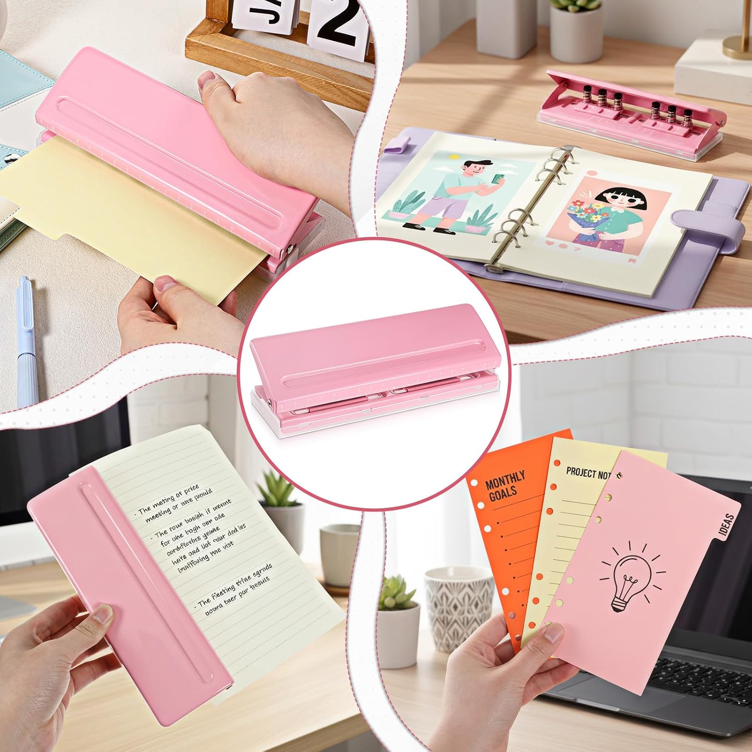 Pink Adjustable 6-Hole Punch, Metal Hole Puncher with 6 Sheet Capacity for A4/A5/A6 Personal & Pocket Planners 6-Ring Binder Puncher with Non-Slip Base Ruler & Hole Guide