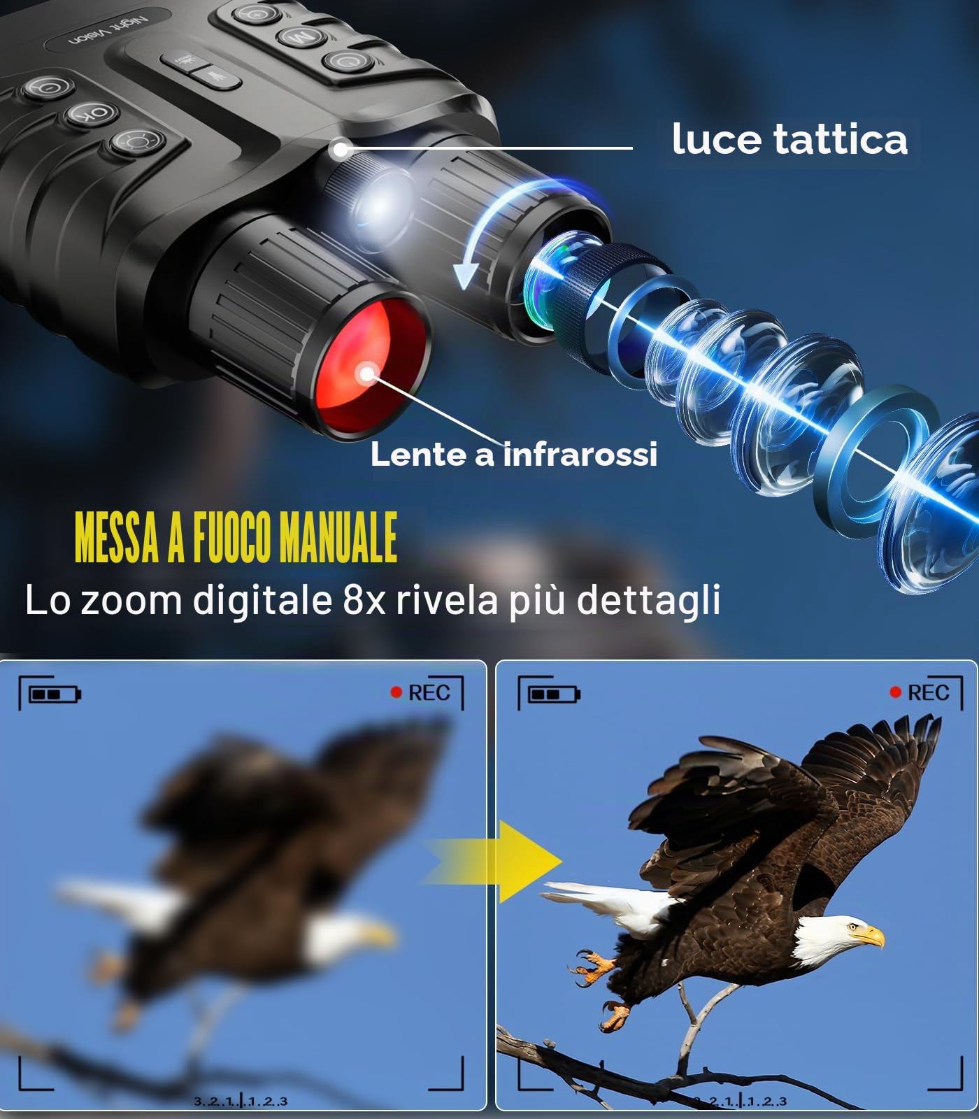Dispositivo di visione notturna 4 K, 48 MP, 10000 mAh, ricaricabile, f/1,4, grande apertura a infrarossi, visione notturna, visione 500 m/1640 FT,8 X zoom digitale con scheda TF da 32 GB