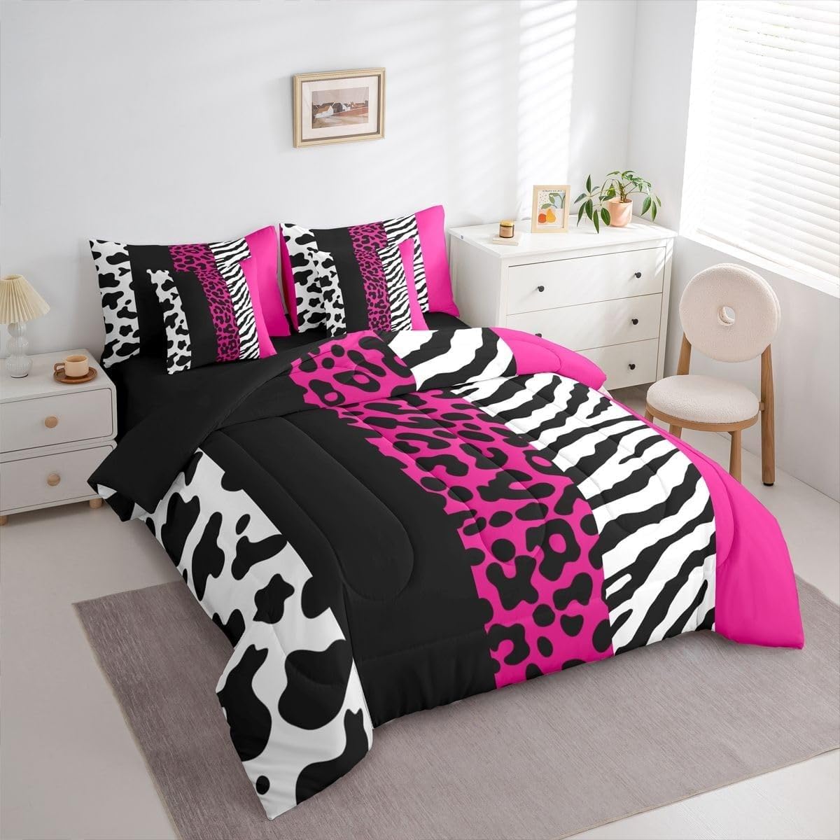 Couette 90x190 Enfant Imprimé Animalier Couette sans Housse Lavable Rose et Noir 1 Personne Imprimée Édredon Chaude, Décoration - Edredon Microfibre Douce, 2 Taies d'oreiller 65x65 YUc830