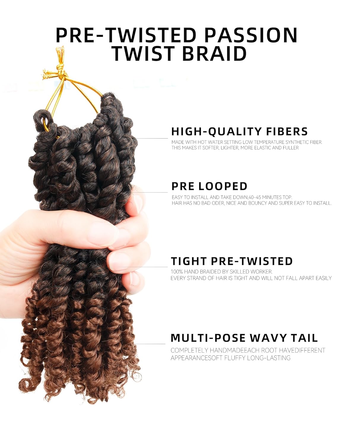 Pre-Twisted Passion Twist Crochet Hair for Black Women Passion Twist Hair Pre Looped Bohemian Braids 6 Inch 8 Packs Ombre Black to Brown Short Bob Curly Crochet Braiding Hair Extensions(6"-8P T30) - Image 2