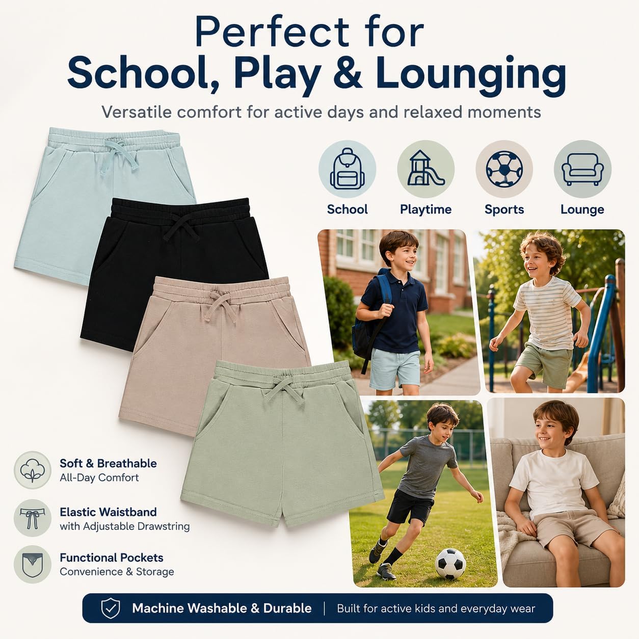 STITCH & STONE Boys 4 Pack French Terry Shorts Soft Breathable Cotton Lounge Shorts with Elastic Waist Drawstring