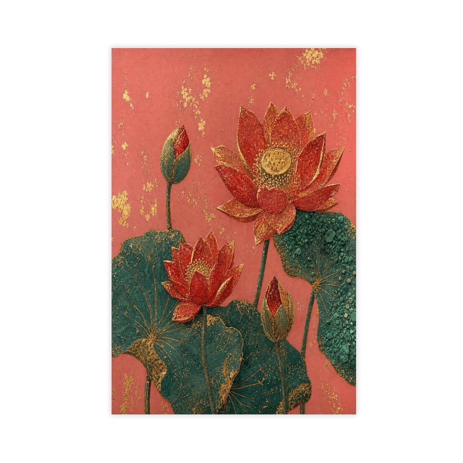W7c8u2x3 Unframe-Style-5 Red Lotus Flowers Canvas Wall Art, Gongbi Painting Style