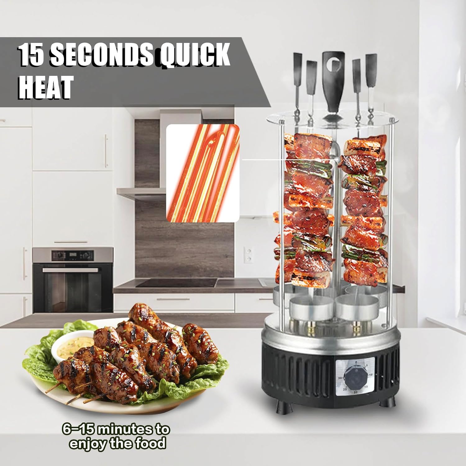 Vertical Rotisserie Oven Countertop Shawarma Machine with 5 Skewers Kebab Electric Cooker Rotating Stainless Steel Oven for Home BBQ Thanksgiving Christmas-1000W, Silver