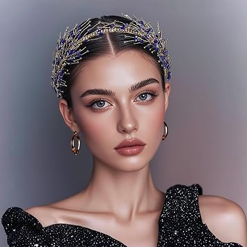 Blue Twig Tiara Crystal HeadbandGold Tone For Wedding Evening Party Women | Gold Blue Twig Alloy Frame, High Saturation Shine, 3.35inch Height, Anti-Slip Fabric Ends, Reinforced Crystal Winding