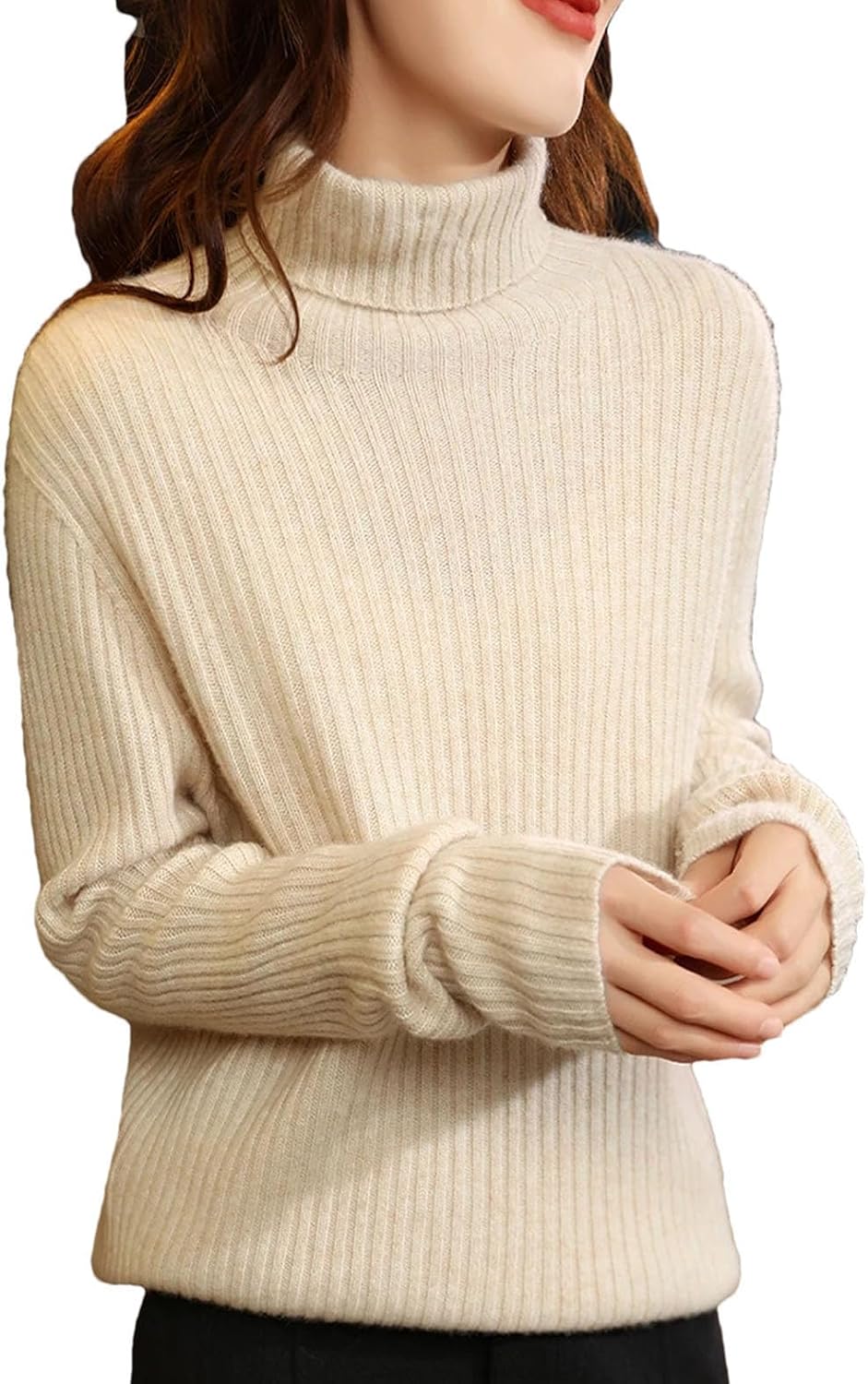 Women's Merino Wool Ribbed Knit Sweater Long Sleeve Turtleneck Casual Jumper Winter Soft Thermal Base Shirt