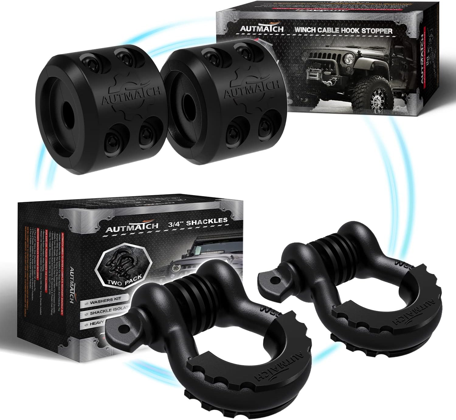 AUTMATCH 3/4" D Ring Shackle with Shackle Isolator & Washers, Winch Cable Hook Stopper, Silicone Rubber Shock Absorbent Winch Stopper for Jeep Tow Strap Winch Off Road Vehicle Recovery, Frosted Black