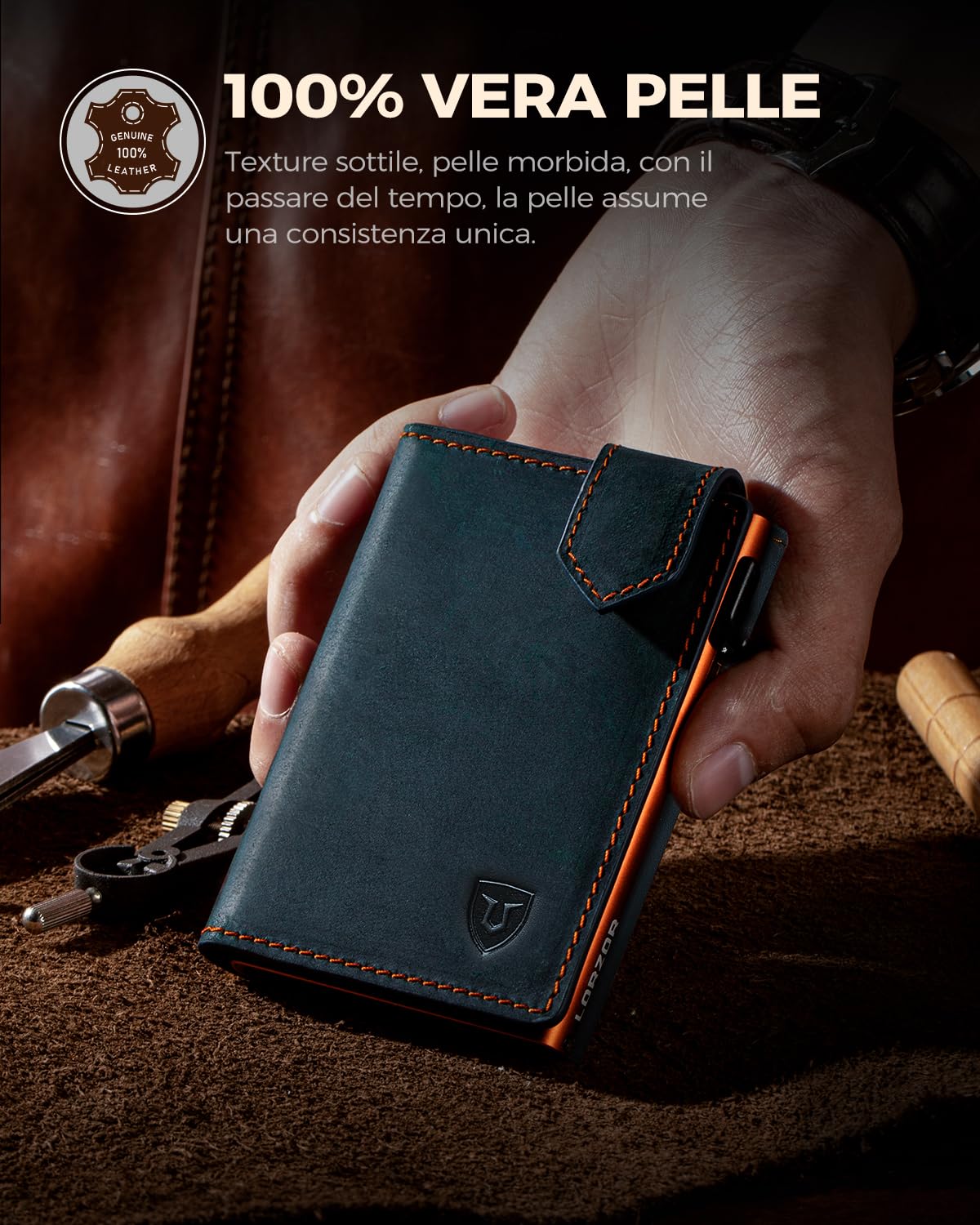 LORZOR® Portafoglio Uomo Slim vera Pelle, Porta Carte di Credito con Protezione RFID & Portamonete, Portacarte Uomo Pop-up Contenere 10 Carte, Porta Tessere Tascabile, Magnetica